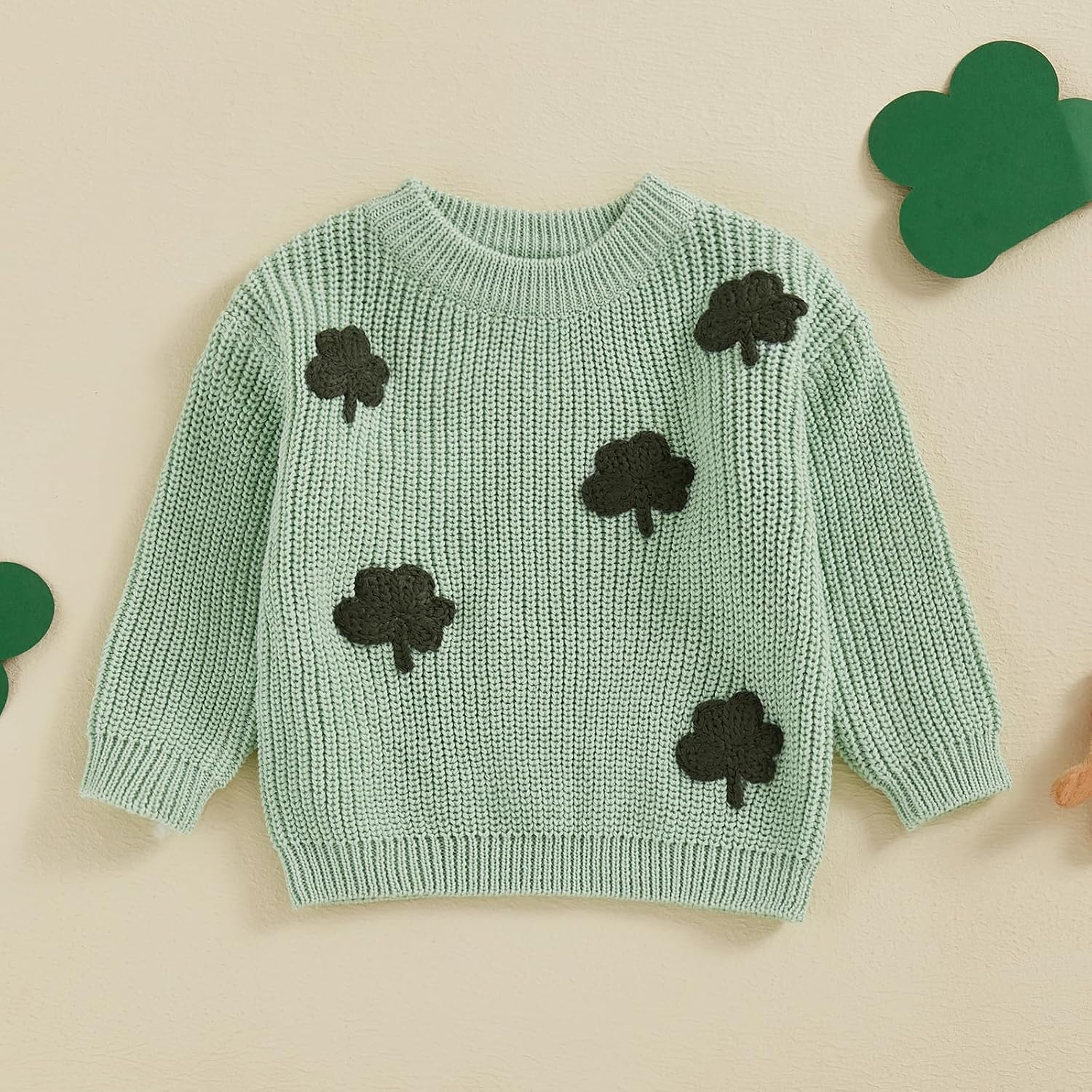 Baby Boy Girl Cute Long Sleeve Crew Neck Clover Embroidery Sweater Toddler St Patricks Day Outfit