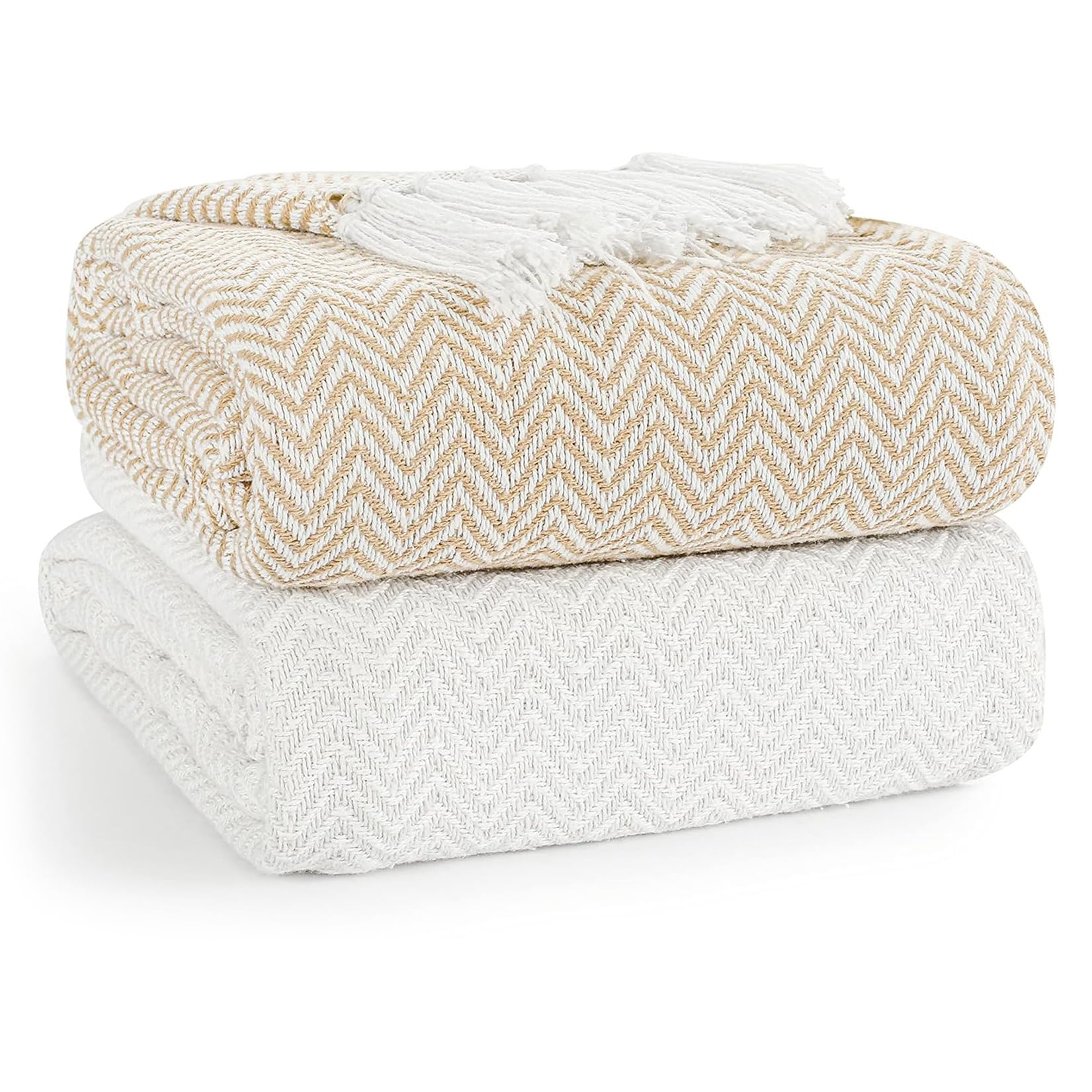EHC PAIR Pack Chevron Cotton Throws for Sofa Settees Chair Cover Blanket, 127 x 152cm (Pack of 2) - Ivory/Tan