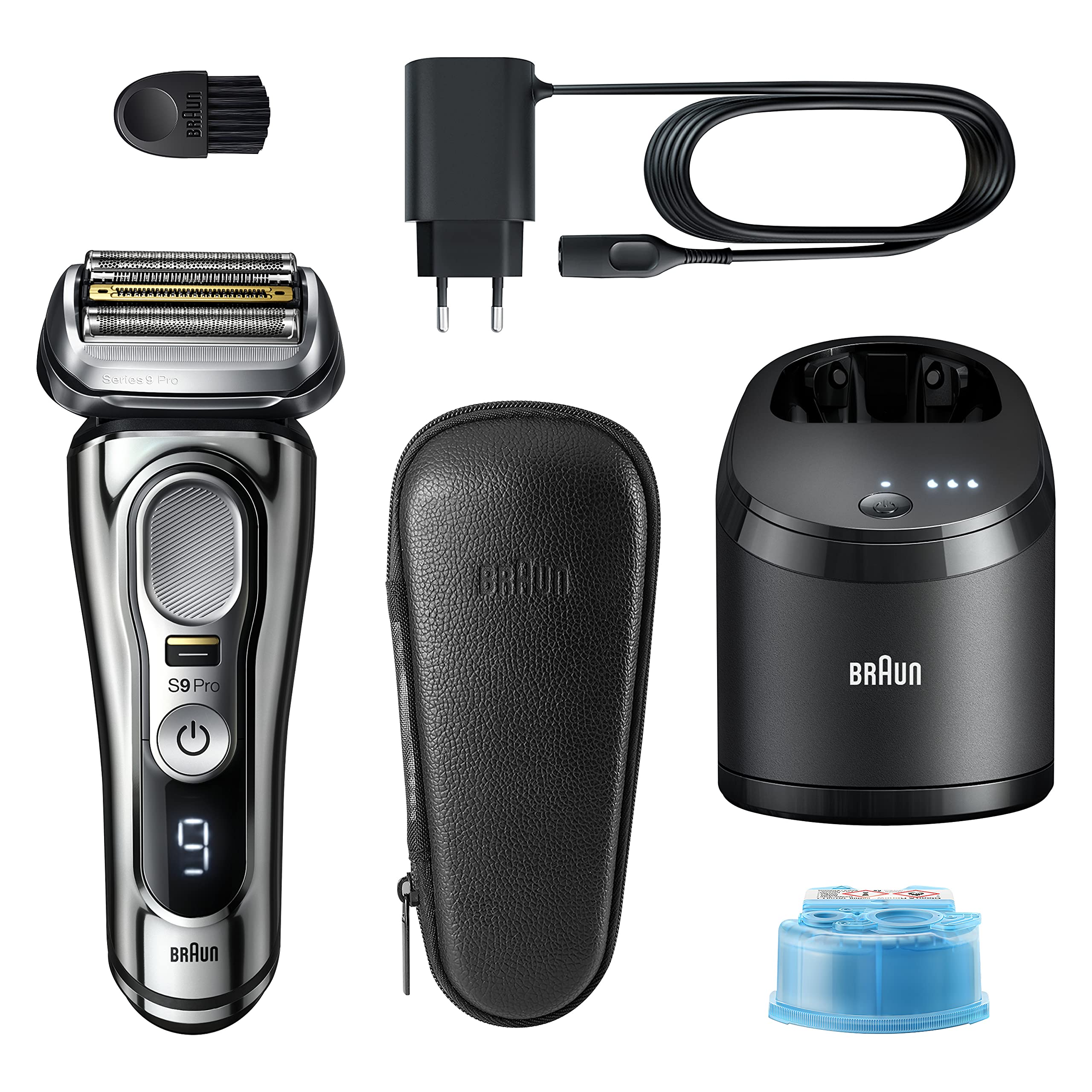 Braun Series 9 Pro Elektrorasierer für Herren, Bartrasierer mit ProLift-Trimmer und 4-in-1-Kopf, 5-in-1-Reinigungs- und Ladecenter, Tasche, wiederaufladbar, kabellos, 9466 CC, Chrom