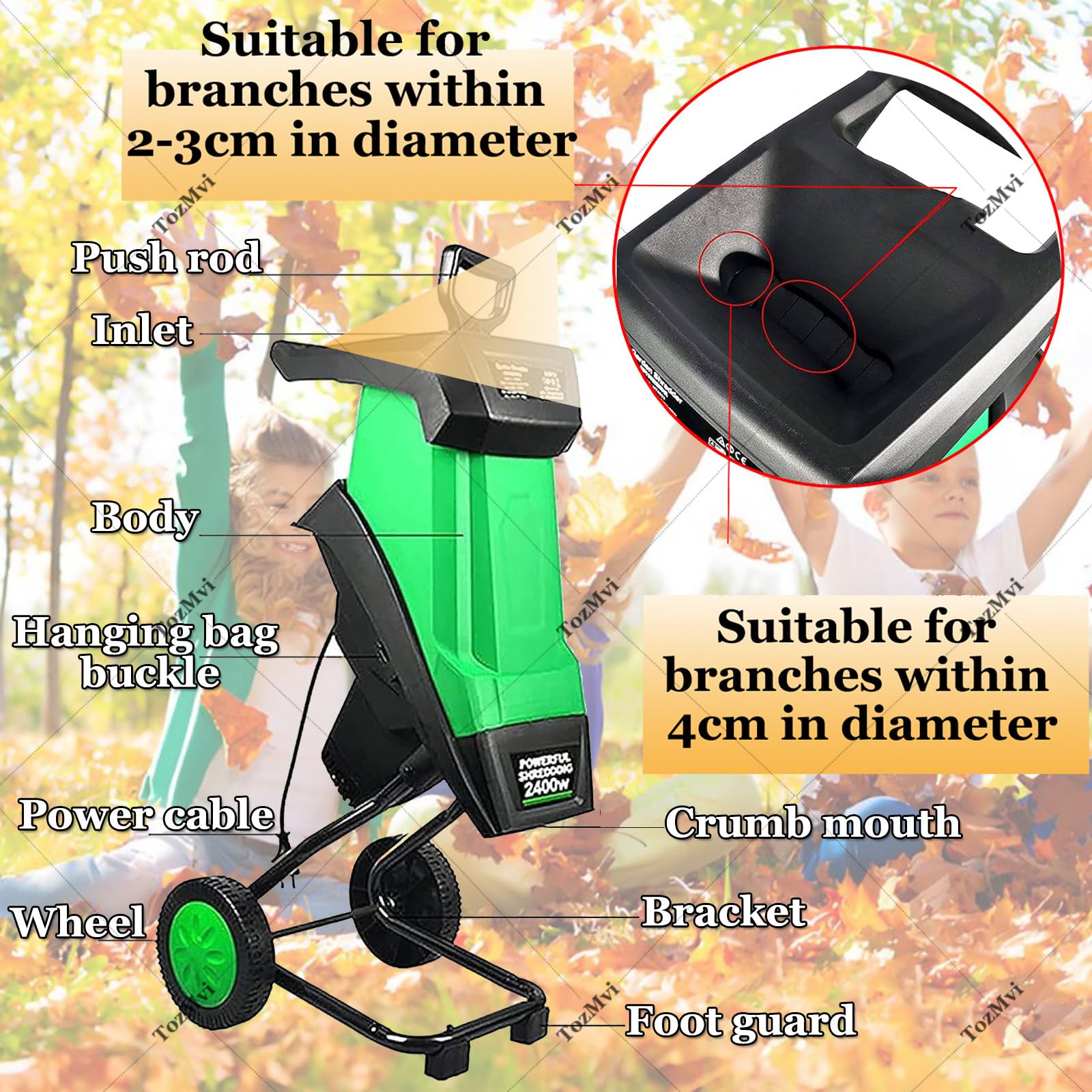 Trituradora De Ramas De árboles para Jardín, Trituradora De Ramas De Jardín, Trituradora De Madera Eléctrica De 2400 W con Bolsa Recolectora De 50 L, Trituradora De Hojas