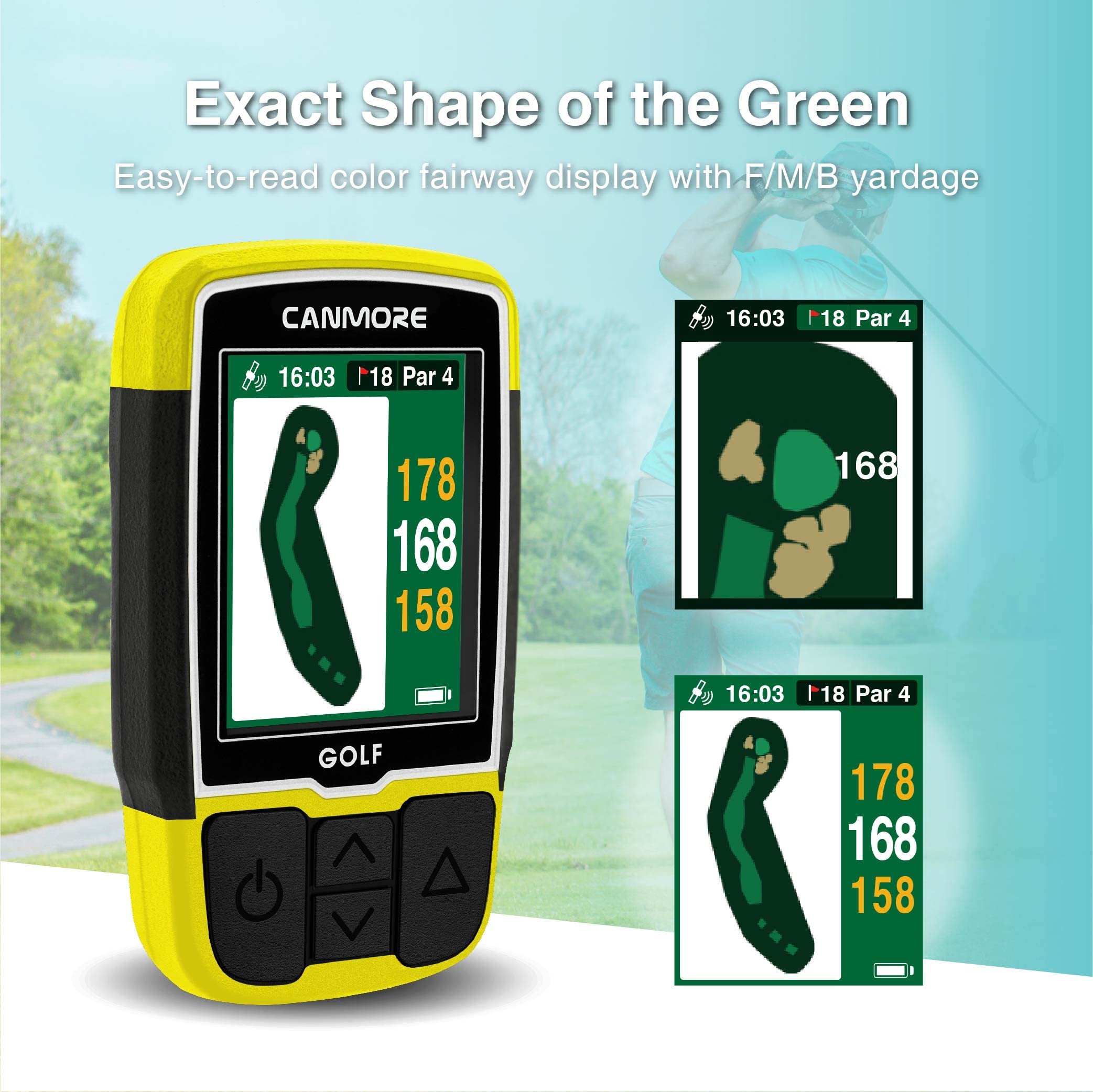 GPS da golf CANMORE HG200 Plus e custodia - Colori facili da leggere - Mappa precaricata di 41.000 campi da golf in tutto il mondo, forme di green e fairway - Resistente all'acqua