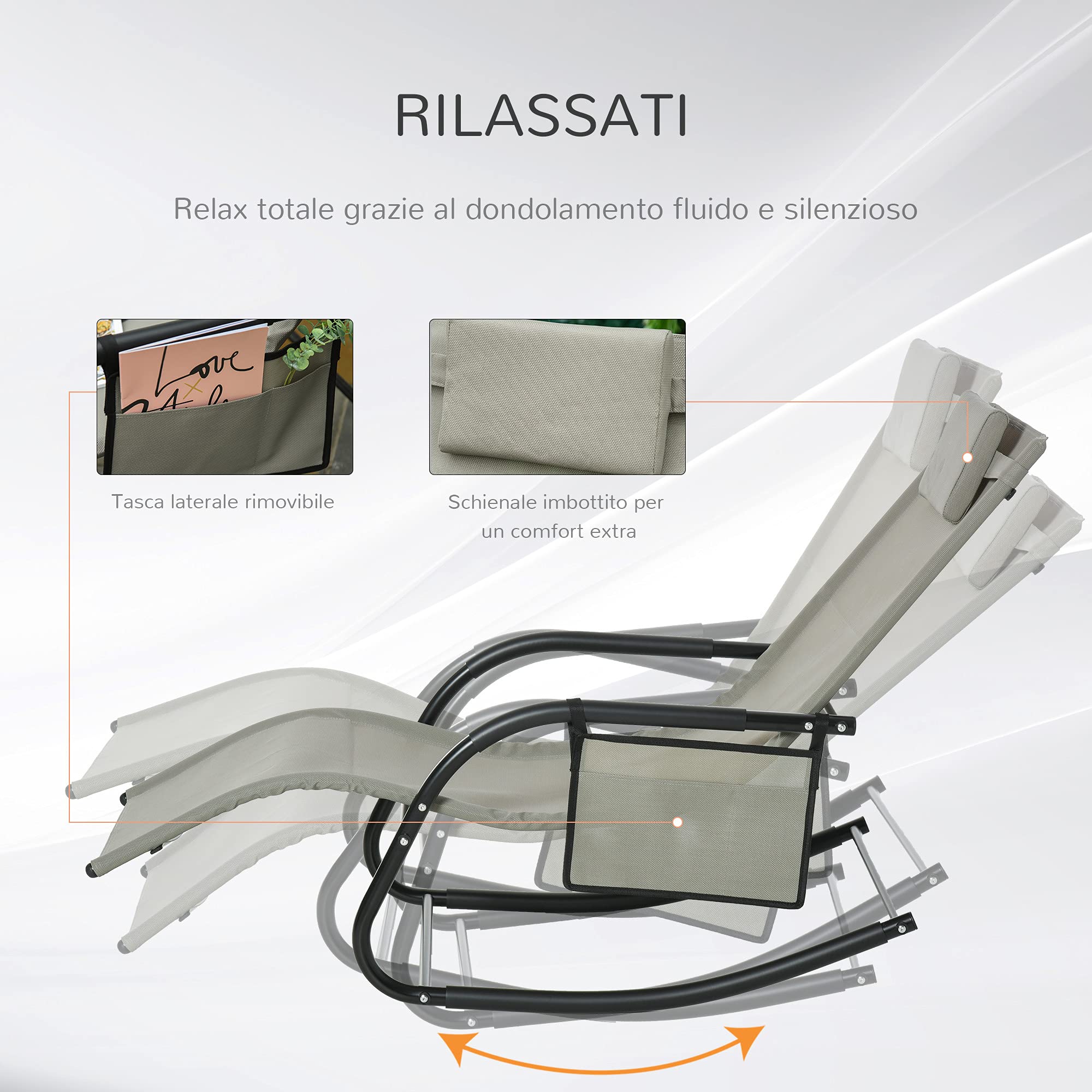 Outsunny Poltrona a Dondolo da Giardino, Lettino Sdraio da Esterno con Poggiatesta e Tasca Laterale, 150x62x88 cm, Nero e Grigio