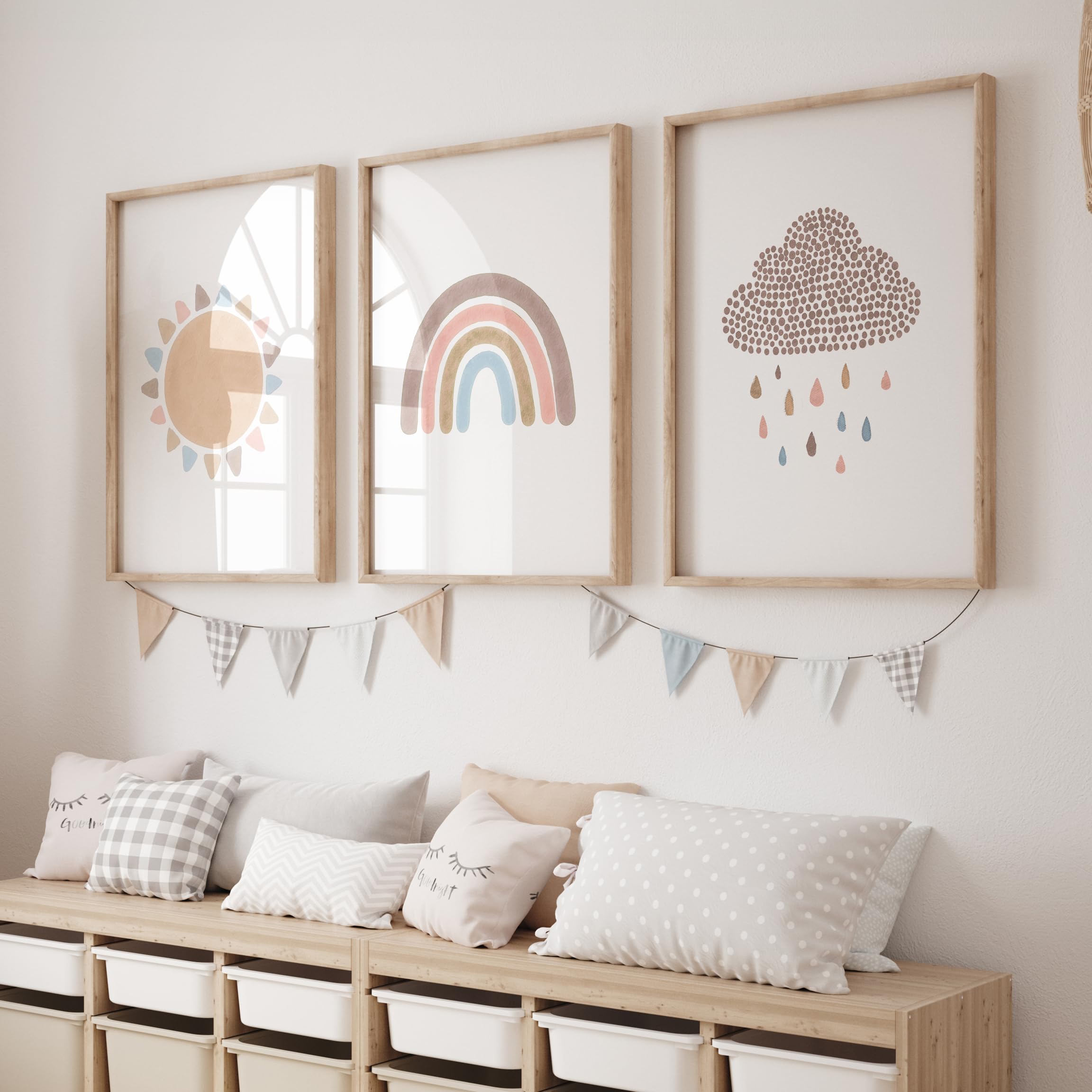 Rose Rowan Design Set of 3 Boho Wall Prints, Rainbow Art for Girls Bedroom, Wildflower, Sun, Cloud Prints, Nursery Decor, Scandi - Rain, A4