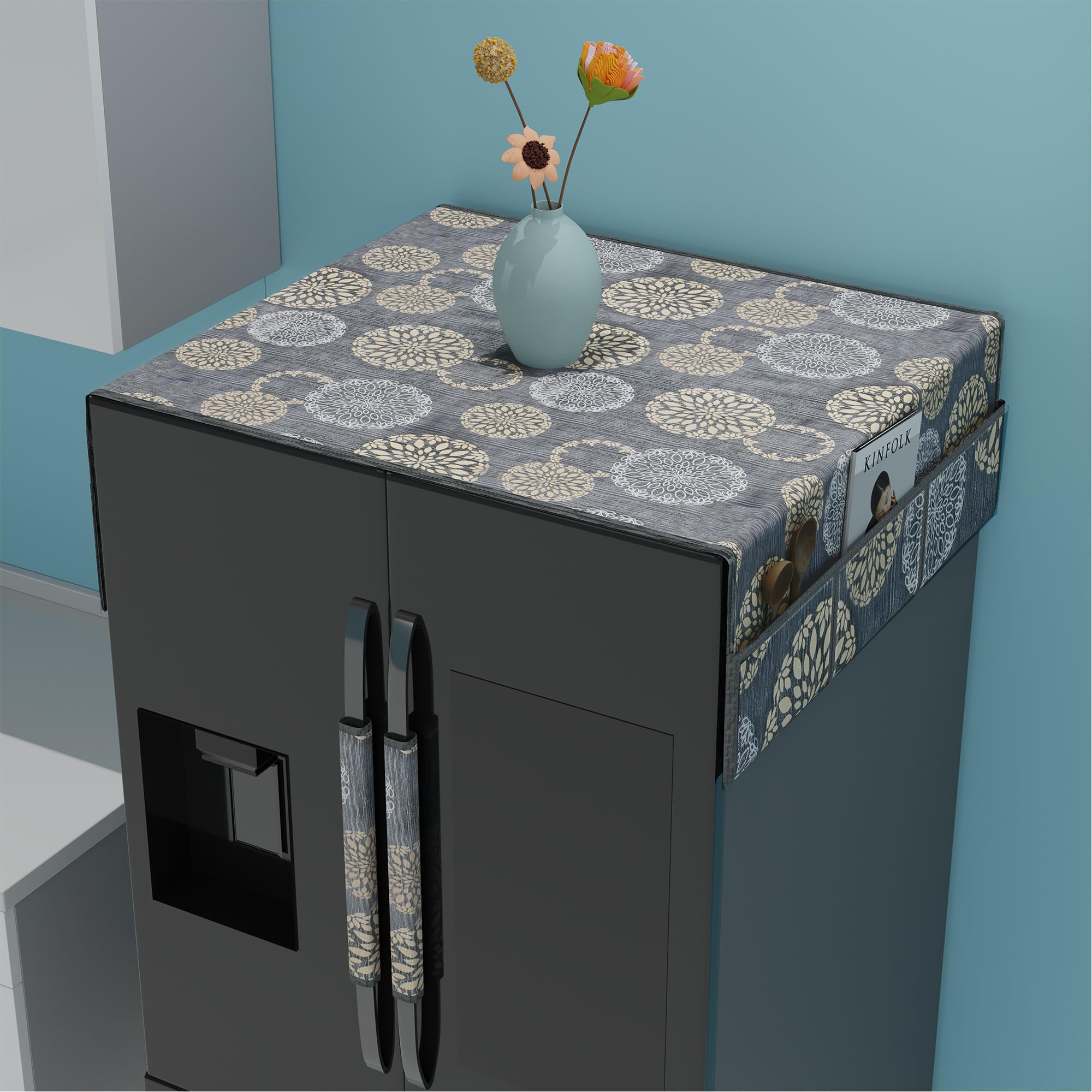 Kuber Industries Combo of 2 Wipeable & Dustproof XL Size Double Door Fridge Top Cover With Handle Cover | Easy To Clean Refrigerator Cover for Home | Rangoli Print- Black