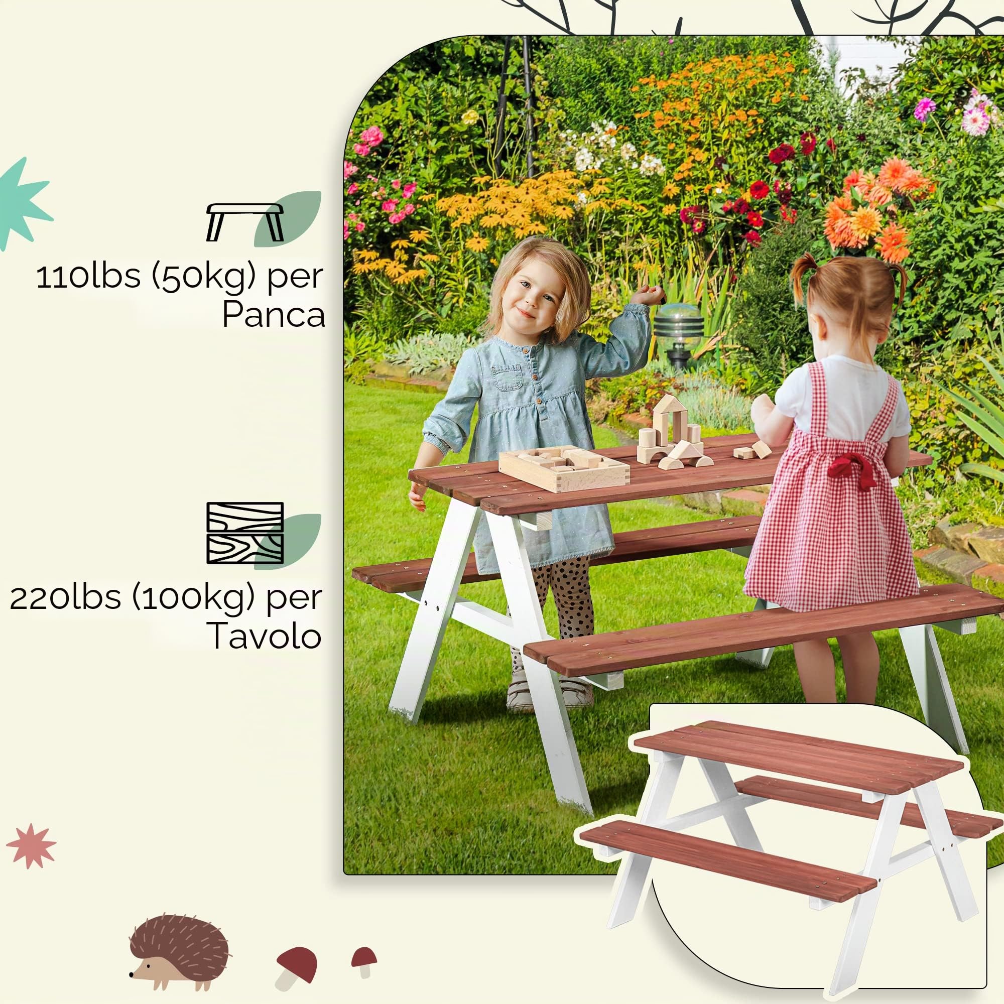Outsunny Set Tavolo da Picnic per Bambini, Tavolo e Panche in Legno, Mobili da Giardino per Bambini, Giochi da Esterno, Età 3-8 Anni, Marrone
