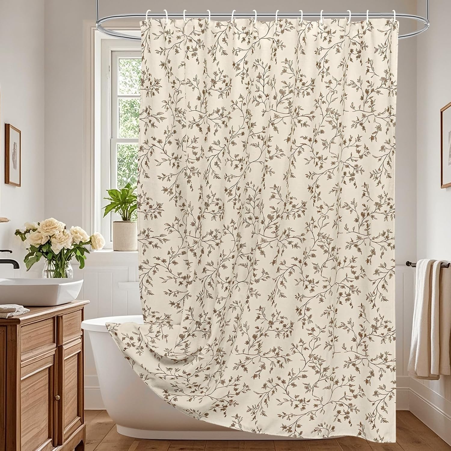 Brown Floral Shower Curtain Linen, Twiggy Leaves Flower Shower Curtain for Bathroom 72x72, Luxury Farmhouse Chic Bathroom Décor