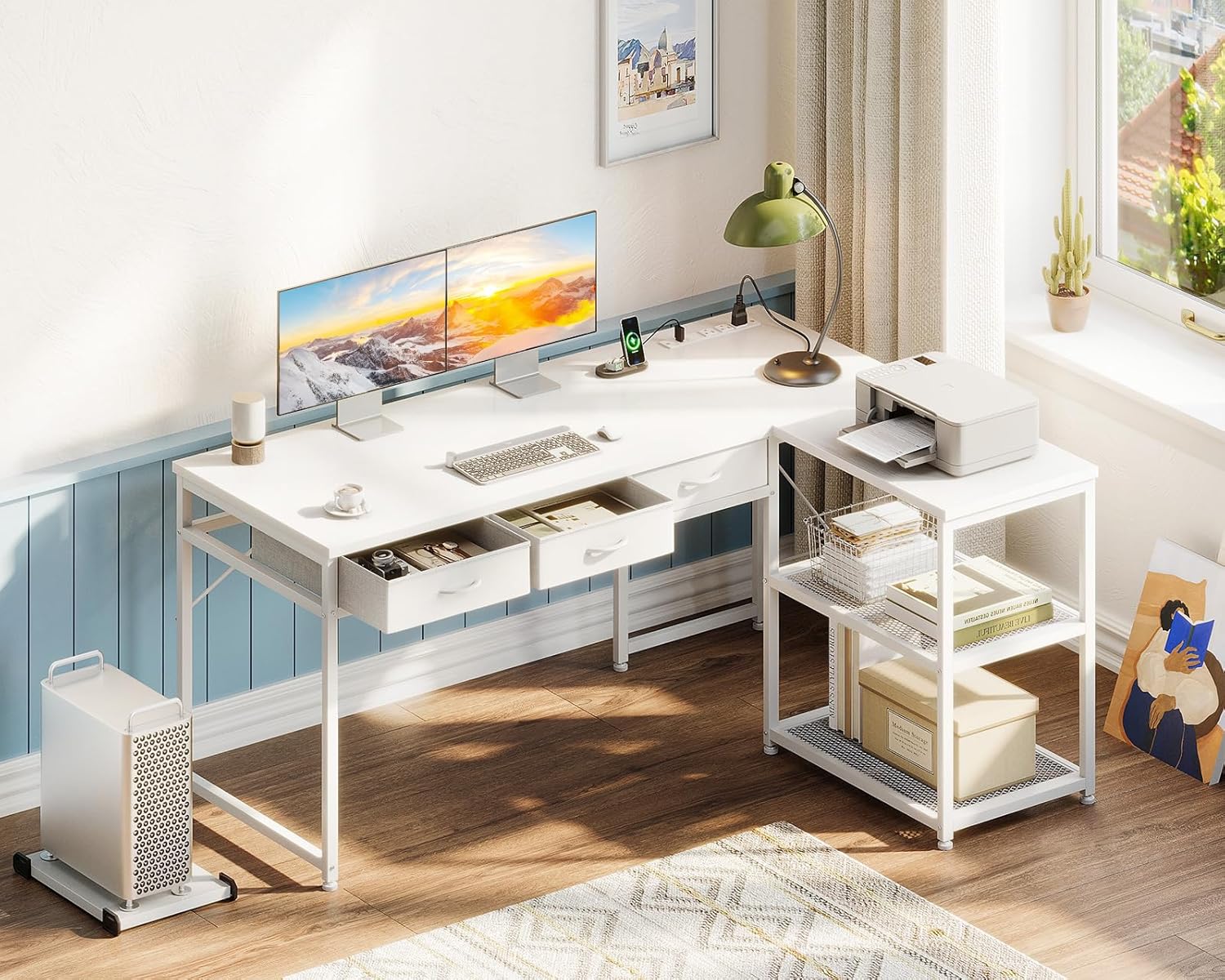 Casaottima L Shaped Desk, Reversible Computer Desk with 3 Fabric Drawers, 53" Corner Desk with Power Outlets&Storage Shelves, White Desk with Movable CPU Stand, Desk for Home Office