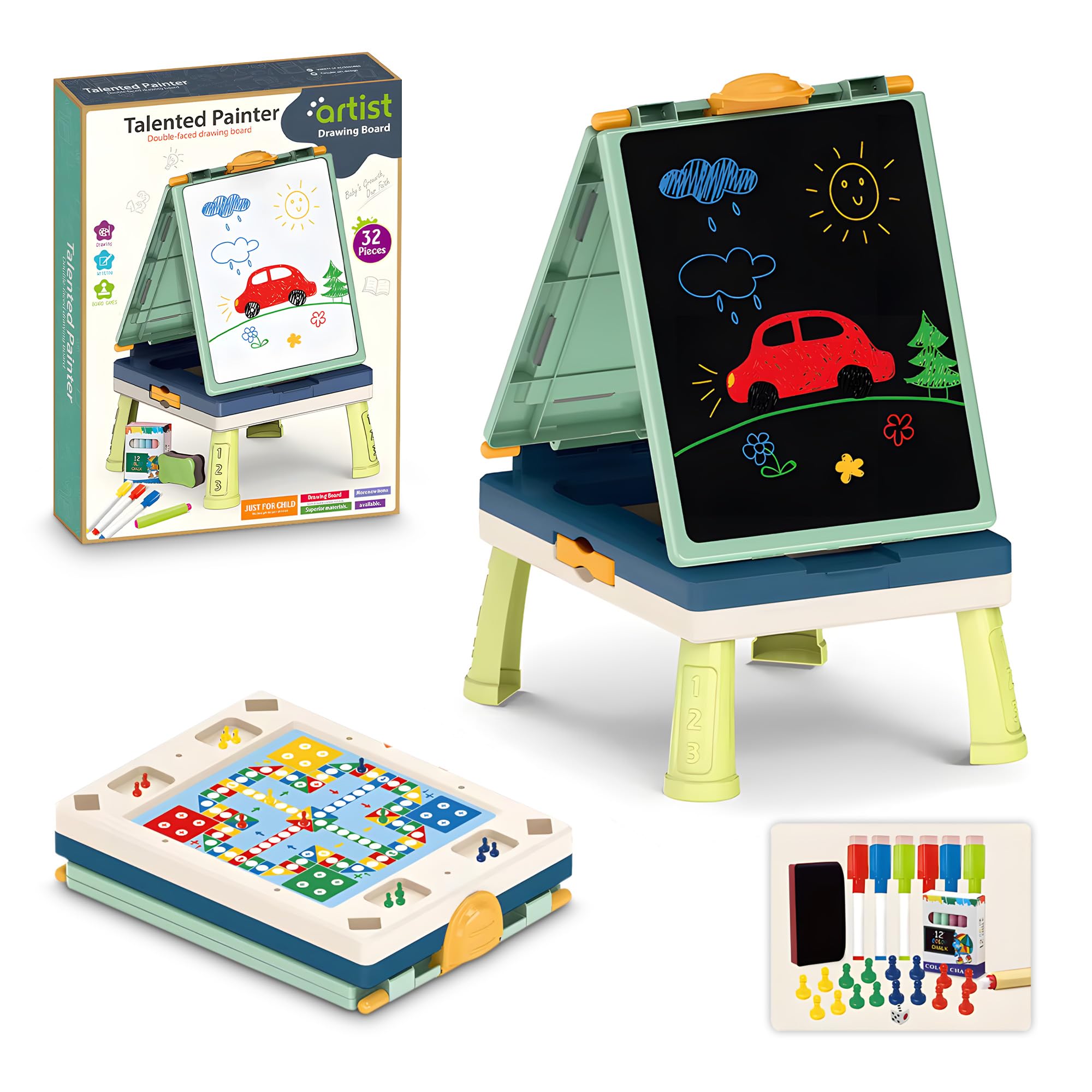 ME JO Kids Drawing Easel 4-in-1 Double-Sided Toddler Art Easel, Chalkboard & Whiteboard, Foldable Tabletop Drawing Board for Kids with Markers, Chalks, Eraser & Accessories, Green