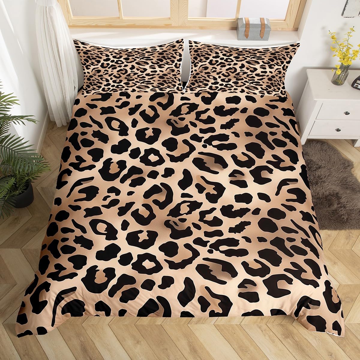 jejeloiu Brown Leopard Print Bedding Set for Kids Boys Girls Cheetah Comforter Cover Toddler Size Safari Animal Fur Print Wildlife Farmhouse Geometric Duvet Cover Bedroom Decor Soft 2Pcs,No Comforter