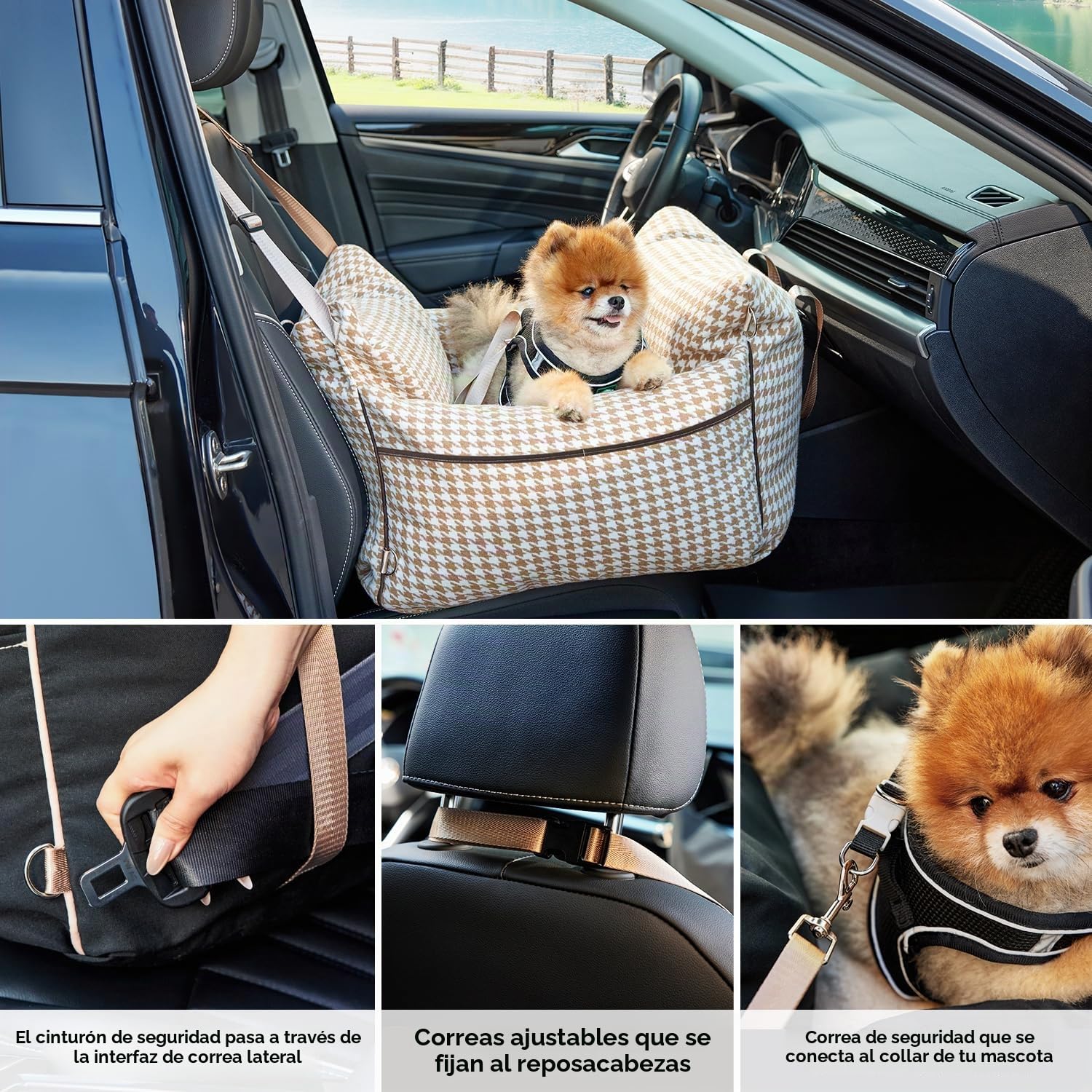 ZOMISIA Asiento de coche para perros pequeños, asiento elevador impermeable para mascotas para automóvil con correa de seguridad con clip, transportador de viaje suave para cachorros de hasta 25