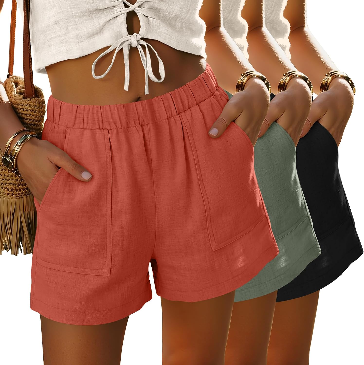 3 Pack Women's Linen Shorts Elastic Waist Lightweight Beach Shorts with Side Pockets Casual Summer Dressy
