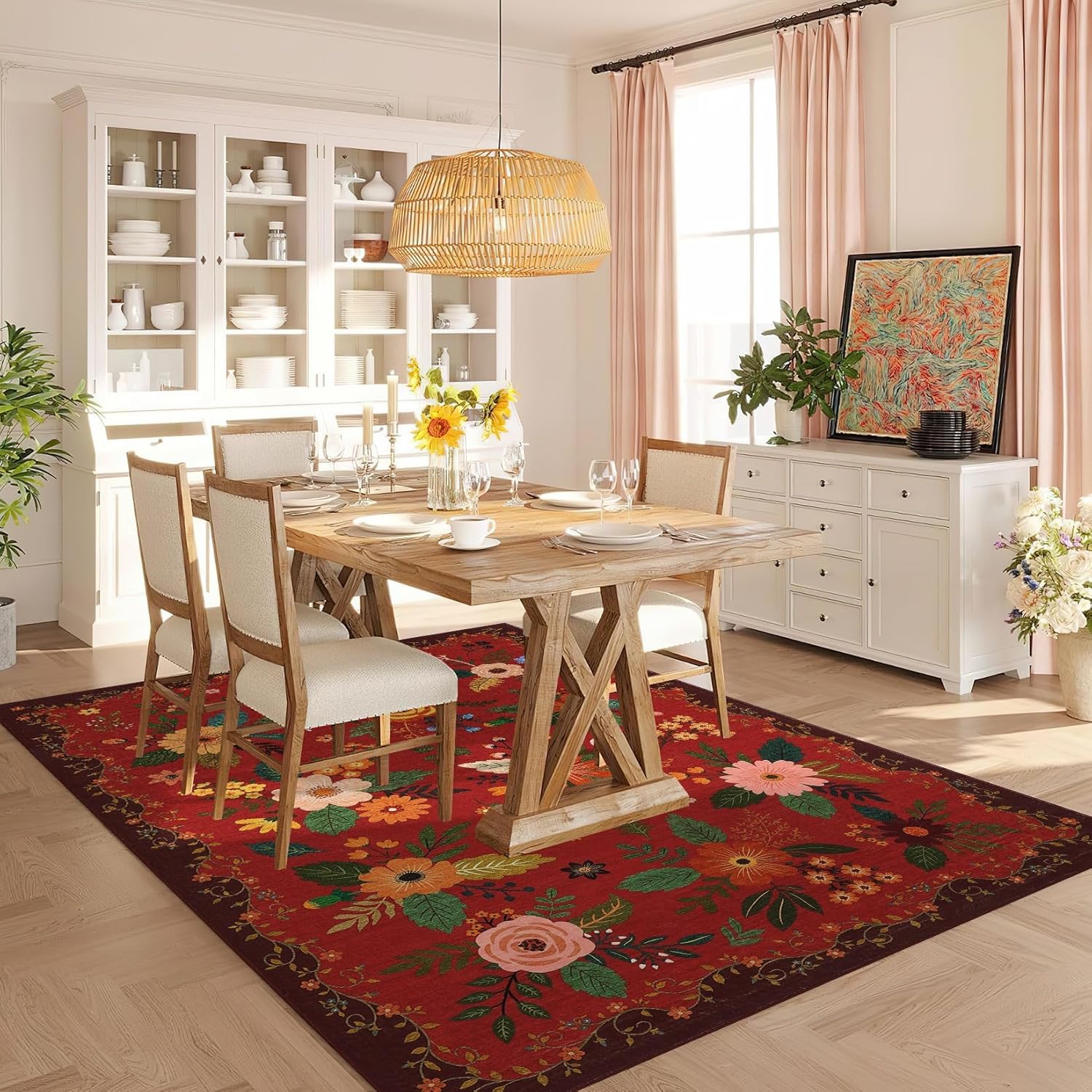 GarveeHome Boho Floral Area Rugs 8x10 Non Slip Low Pile Machine Washable Stain Resistant Large Rug for Living Room, Bedroom, Farmhouse, Dining Room, Kids Playroom Decor, Red
