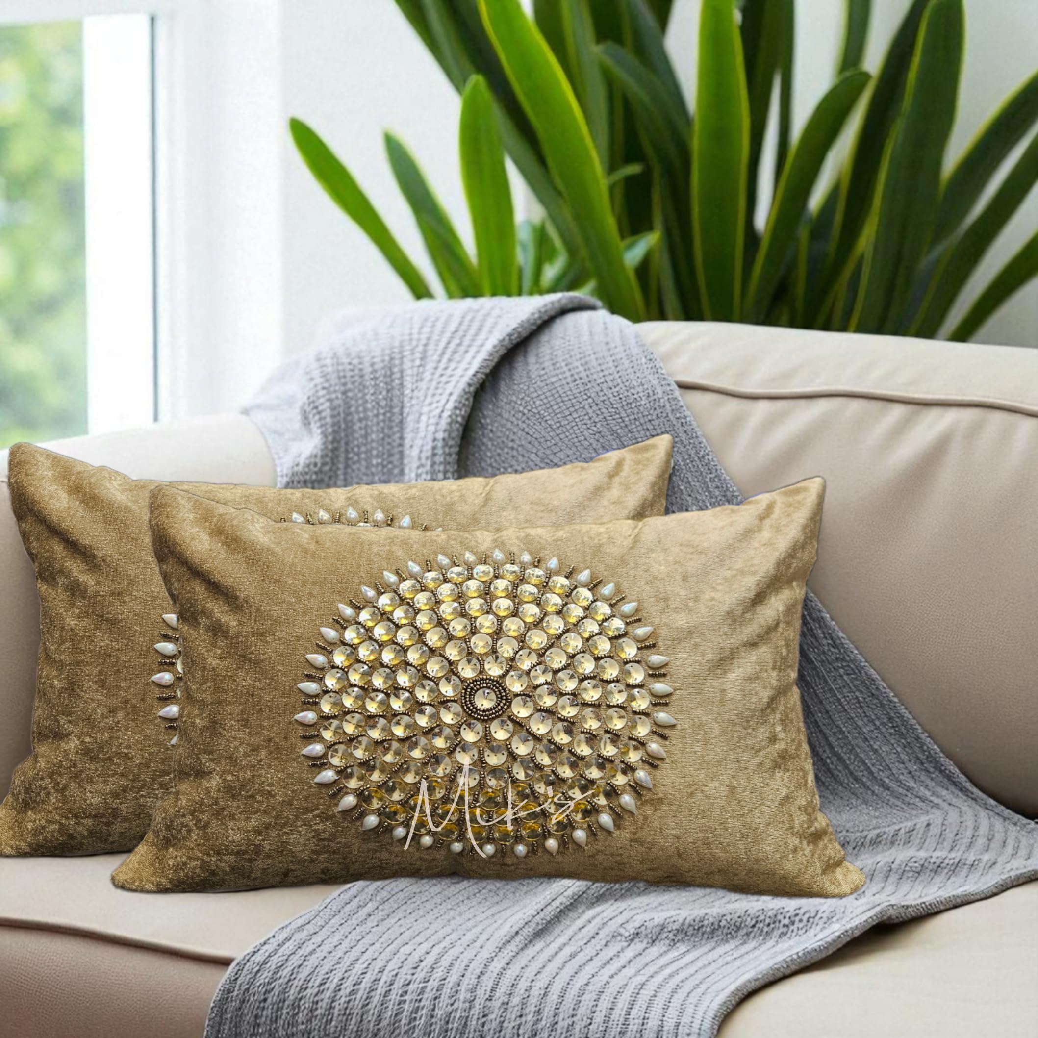 Mystik Homes Precious Embroidered Sequence Stone Work Sparkle Velvet Cushion Covers (12x18 inch) Set of 2 Cushion Covers (12x18 Inch, Brown)-picture-17