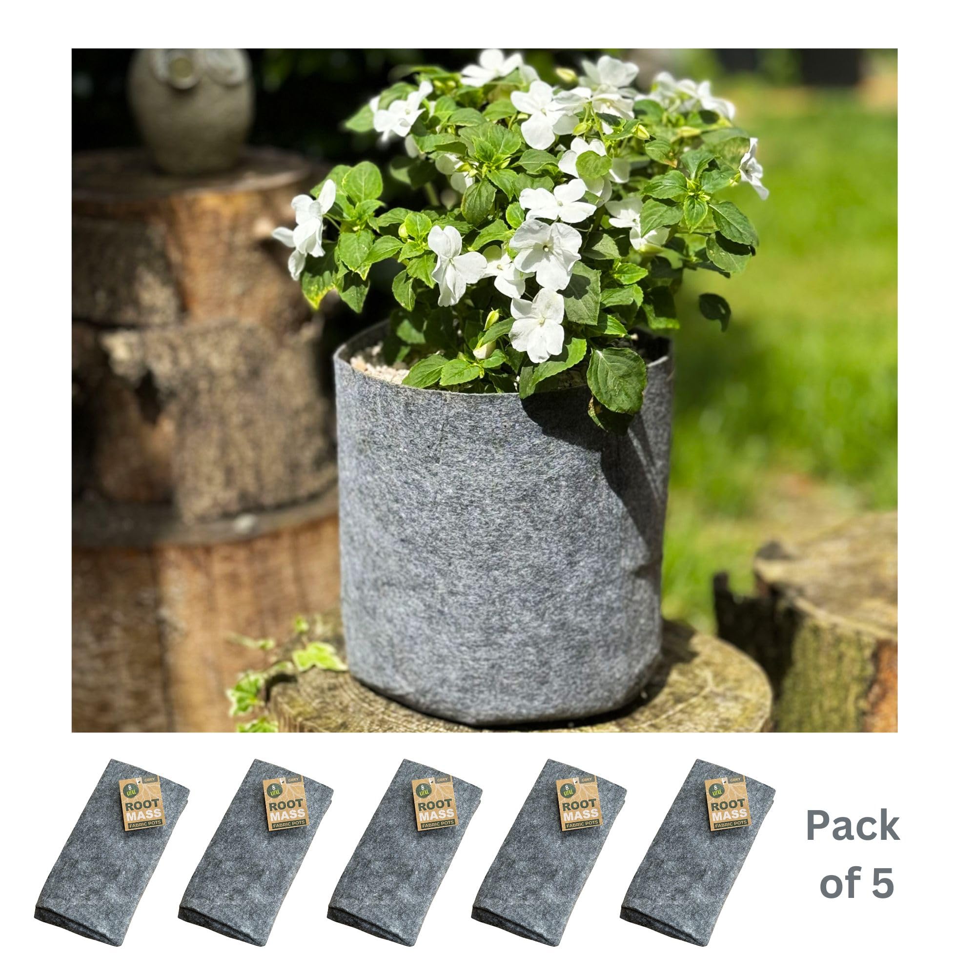 Growcery 5 Pack Fabric Plant Growing Bags, 8L, 12L, 16L - Image 2