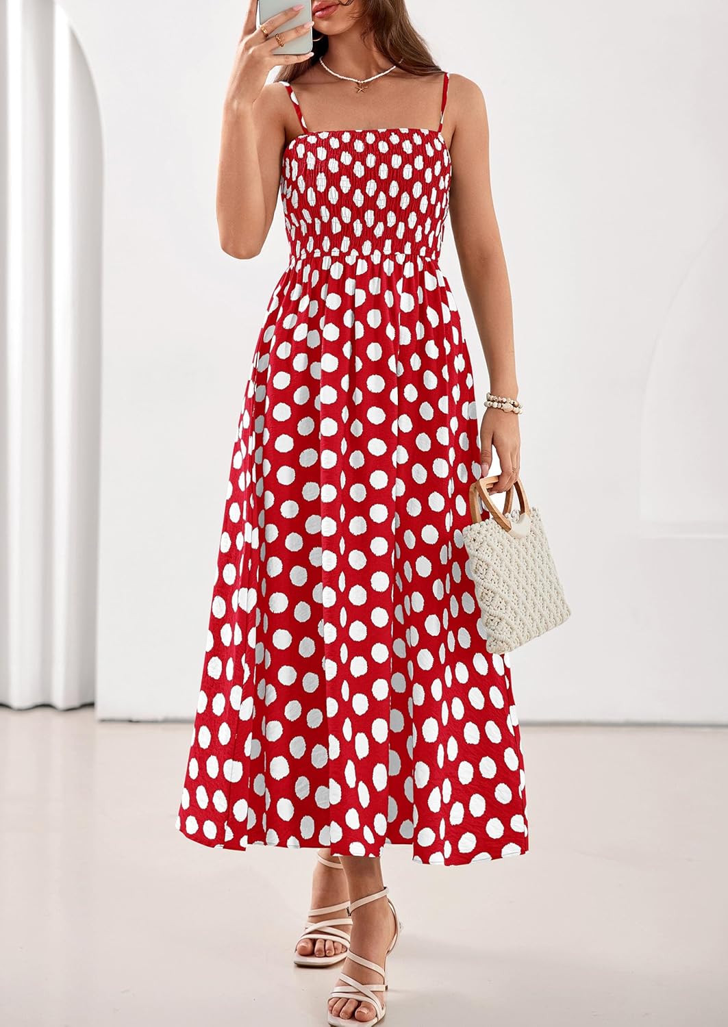 PRETTYGARDEN Womens Polka Dot Dress 2026 Summer Sleeveless Spaghetti Straps Smocked Sun Dress Flowy Spring Beach Midi Dresses - Image 5