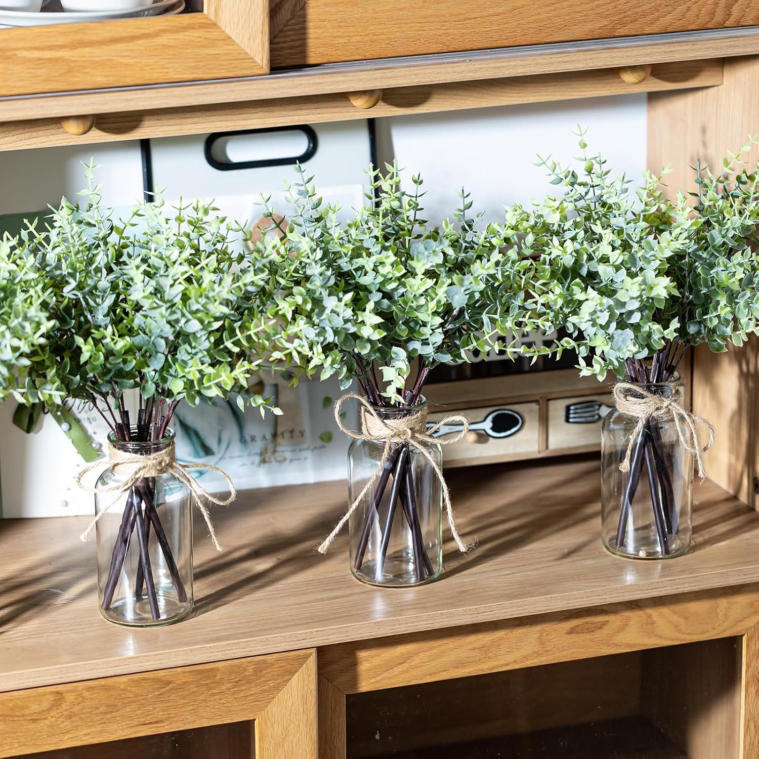 14" Artificial Eucalyptus Stems in Glass Vase, Fake Plants Faux Eucalyptus Branches Greenery Stems for Home Decor Farmhouse Wedding Table Decoration (4)