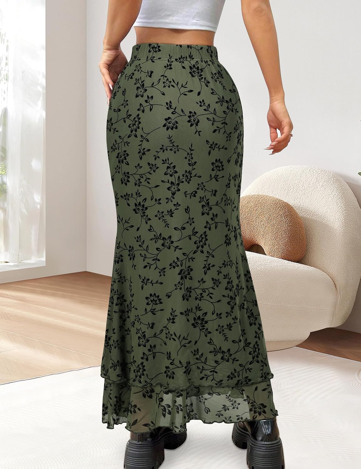 Women Maxi Skirt Ditsy Floral Mesh Skirt Summer Flowy Boho Elastic High Waisted Long Skirts Fashion Trendy - Image 2