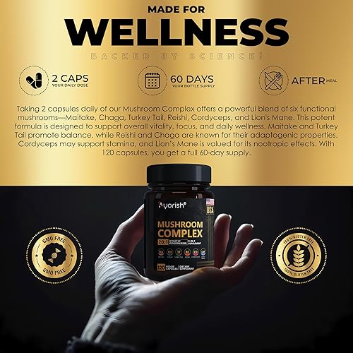 Miniatura 6 de Suplemento de hongo 6 en 1 de melena de león con cola de pavo Reishi Cordyceps Chaga Maitake Meshima Poria Cocos Shiitake Oyster Porcini Enoki 120