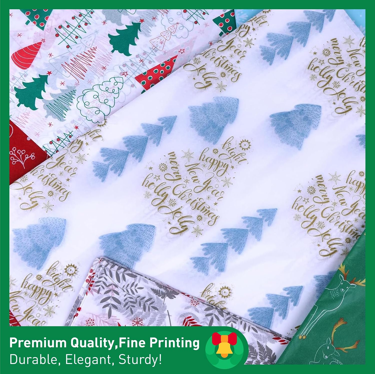 SUNCOLOR Christmas Tissue Paper, 80 Sheets, 20x20 Inch, 8 Designs, Holiday Patterns, Red Green Blue White, Gift Wrapping Packaging