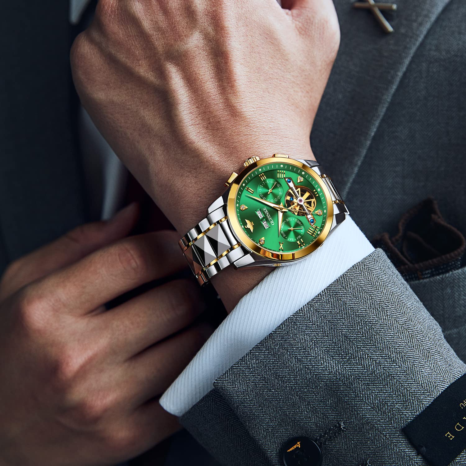 OUPINKE Herrenuhren Automatik Mechanisch Selbstaufzug Skelett Luxus Saphirkristall Diamant Wolframstahl Wasserdicht Business Kleid Uhren Geschenke