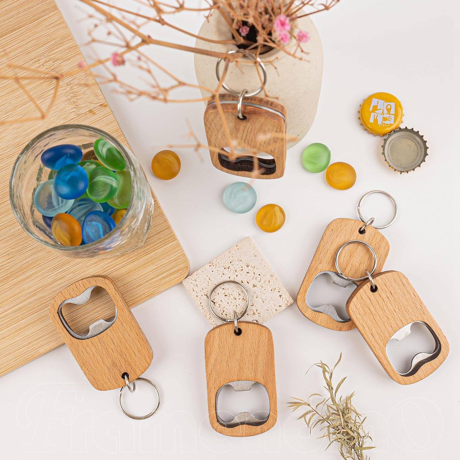Framendino, 20 Pack Wood Bottle OpenerS Wooden Keychain Blanks Engraving Key Chains Tag for Home Kitchen Party Gift DIY Crafts