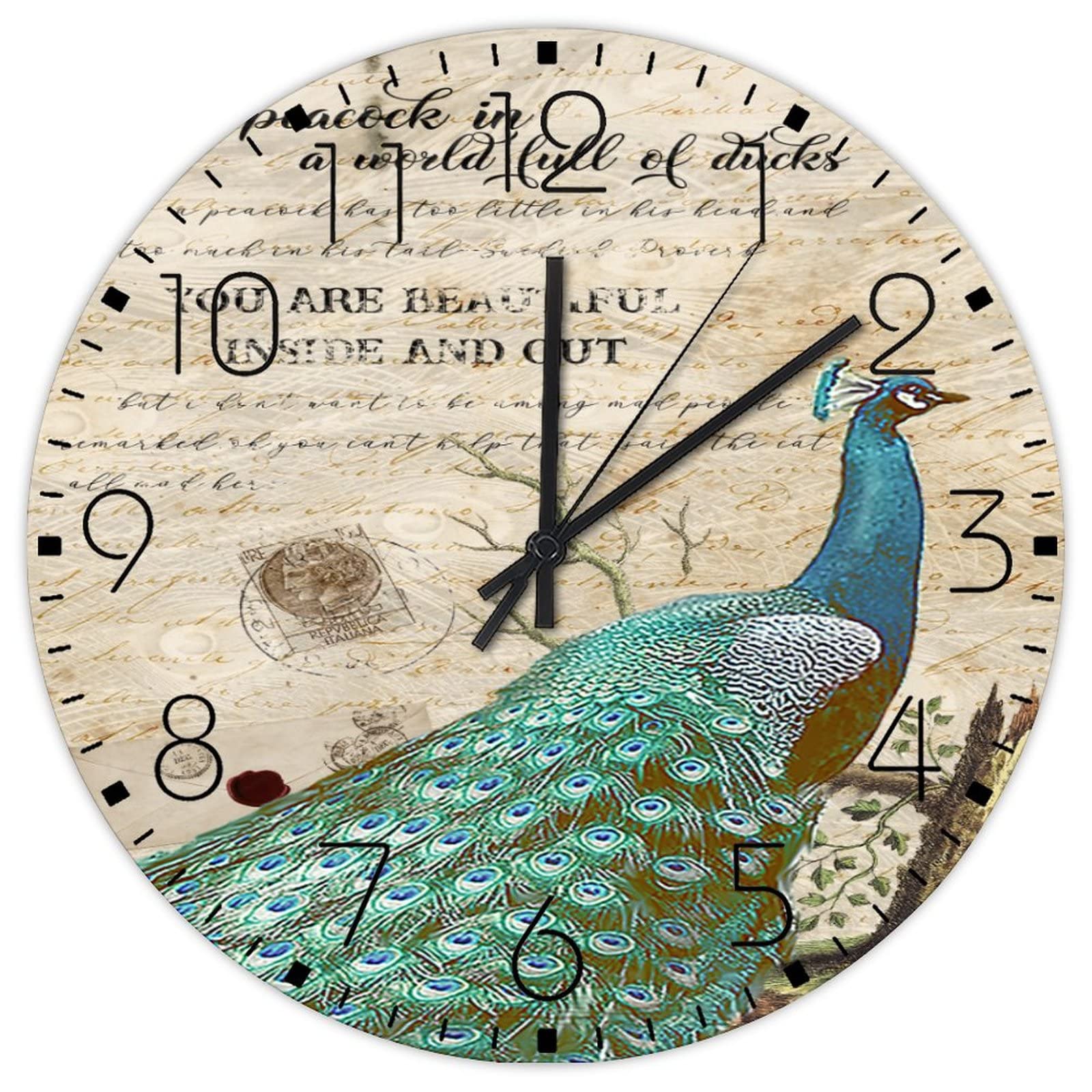 Horloge murale sans tic-tac en bois à piles design paon aquarelle