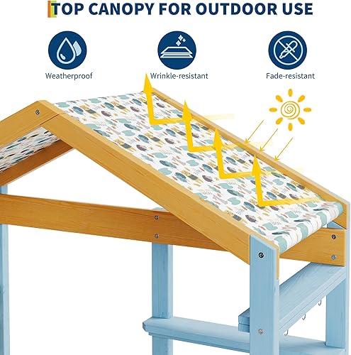 Miniatura 4 de Cocina de barro de madera al aire libre para niños, cocina de juego de madera con toldo, fregadero y grifo extraíbles, pizarra de tiza de doble