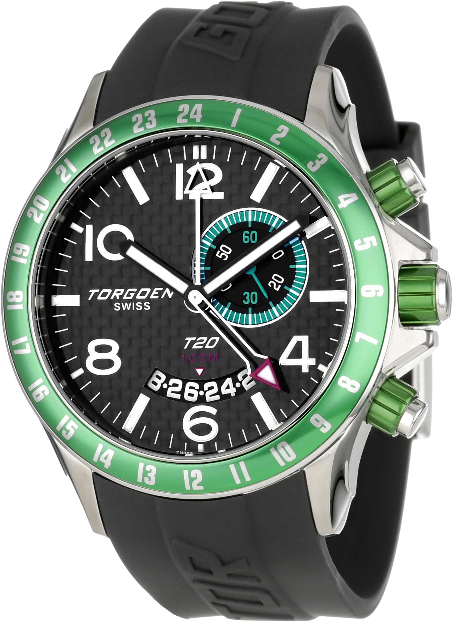 TORGOEN Swiss T20302 Men's Quartz Pilot Watch with Black Genuine Carbon Fibre Dial, GMT, Alarm, Big Date and Black PU Strap