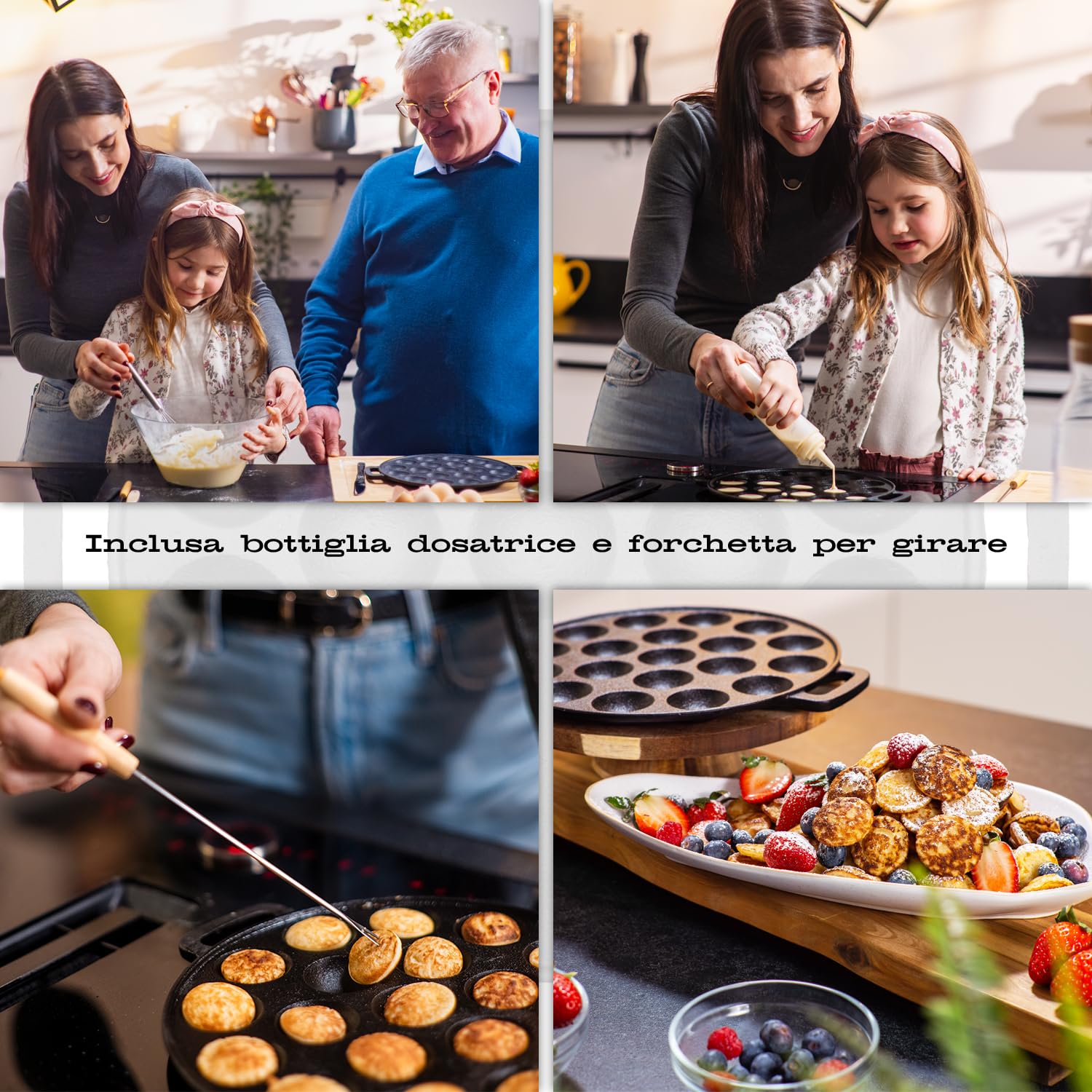 IRONO Padella per Poffertjes in Ghisa - Padella Pancake - 19 Mini Pancakes - Piastra Crepes - Incl. Pennello per il Burro, Forchetta, Bottiglia per la Pastella