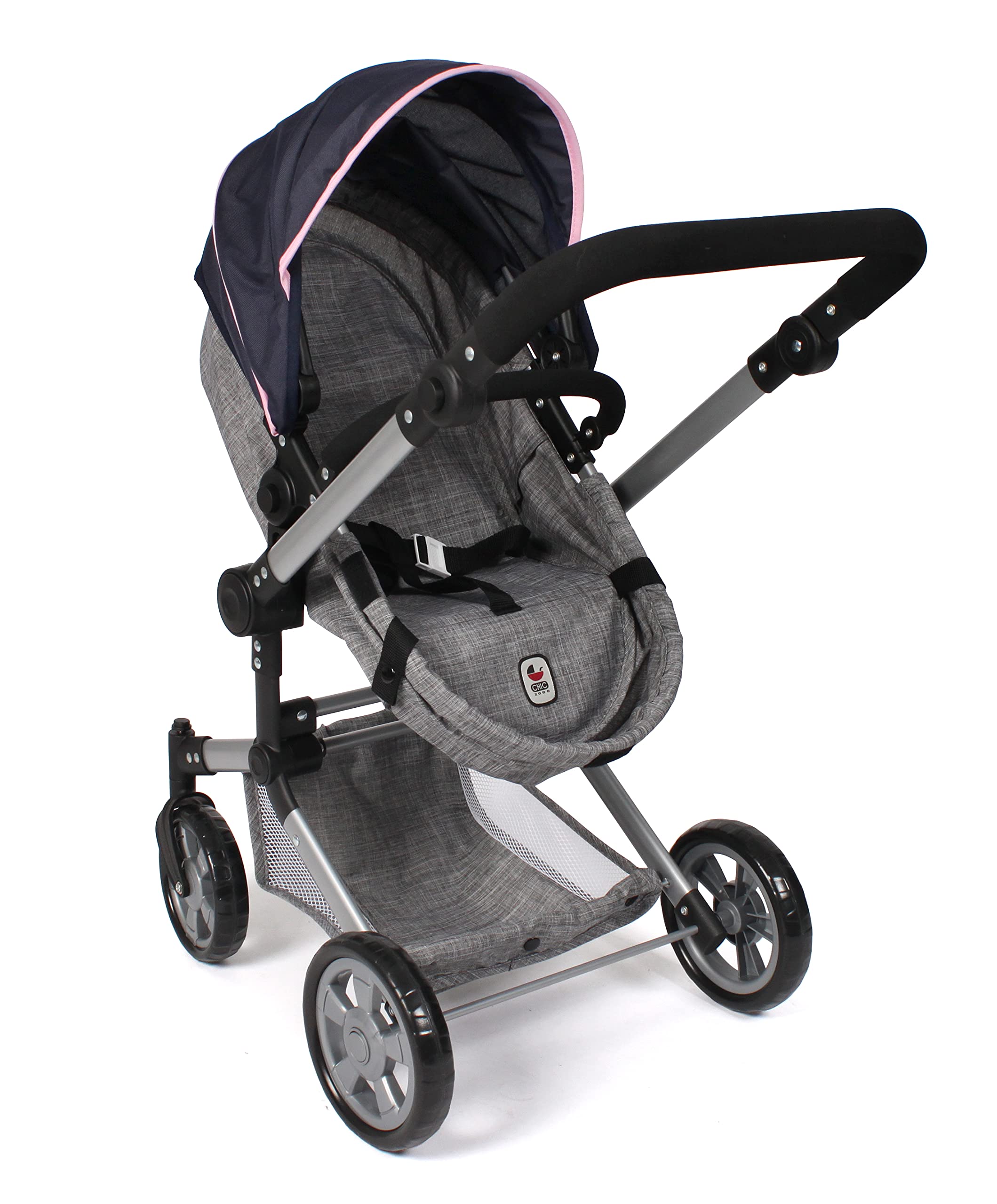 Bayer Chic 2000 Puppenwagen Linus | 2in1 Kombi-Buggy Melange Grau-Navy | Großer 2in1 Kombi-Puppenwagen mit umwandelbarer Wanne für Puppen bis 52 cm. Melange Grau-Navy, hoher Griff 47-78 cm.