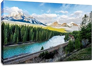 Morants Curve Canvas Wall Art. Alberta Railway Nature Print. Scenic Rocky Mountain Colourful Photography Print. Available In Various Sizes. (18x30x1.5)