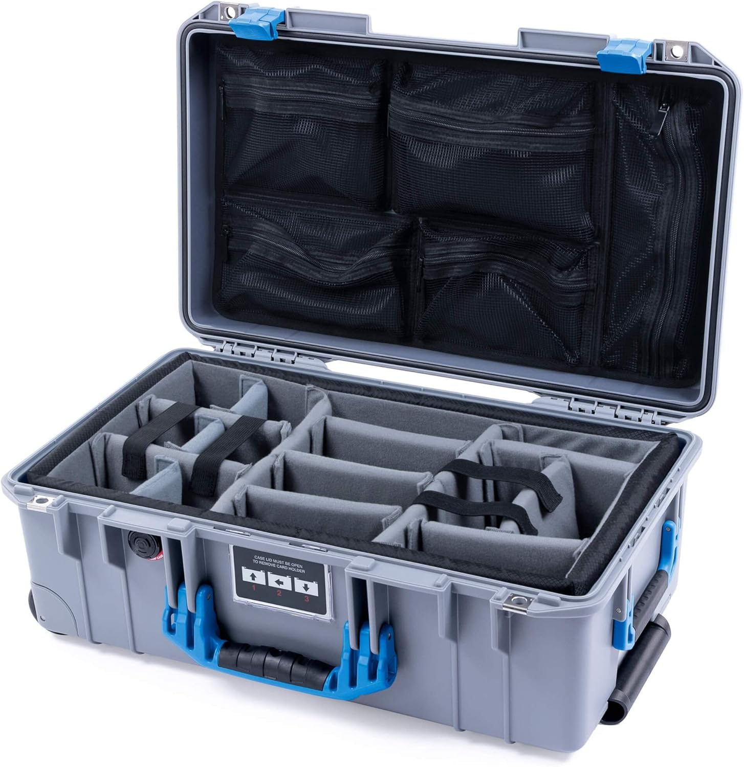 Pelican Silver & Blue 1535 air case with grey CVPKG dividers & mesh lid organizer.