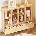 YOSHOOT 8 Cube Solid Wood Bookshelf with 2 Drawers & Legs -42.5" Open Cubby Bookcase for Bedroom, Living Room, Home Office, Nature