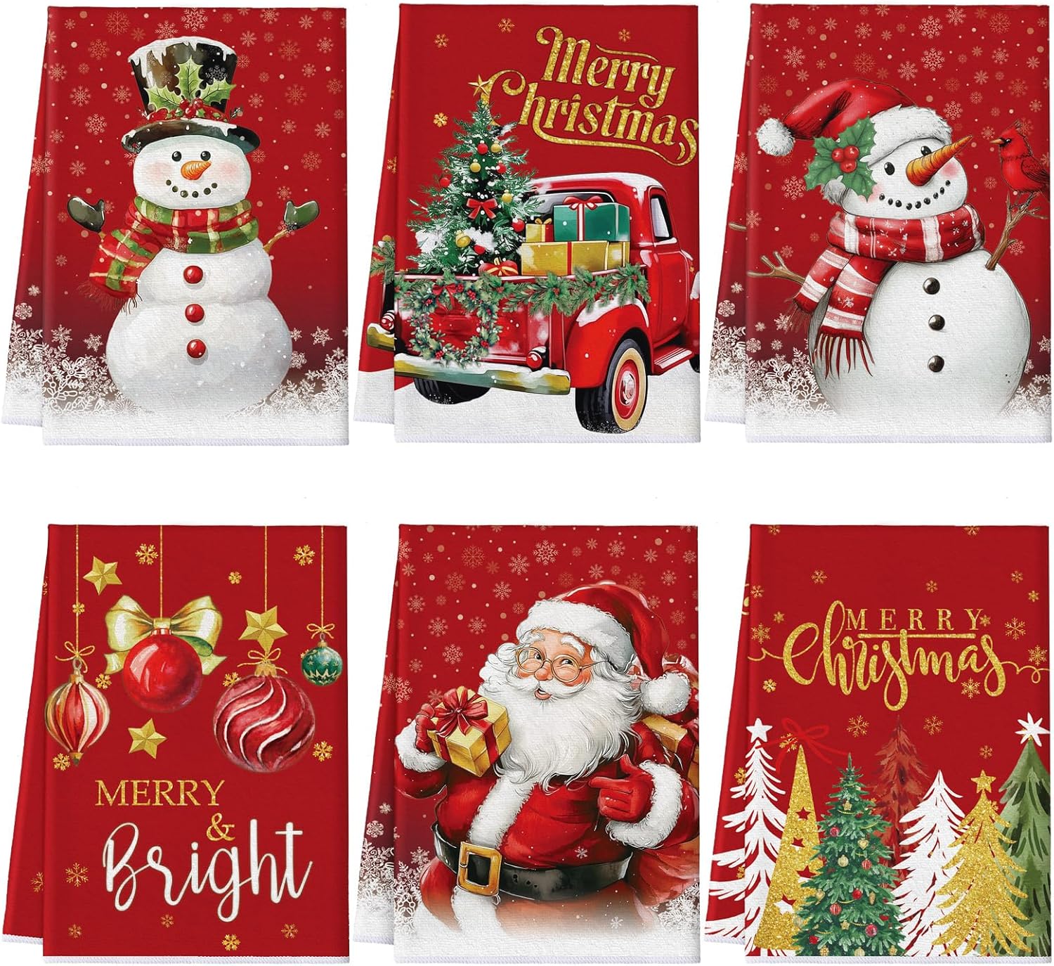 Geyoga 6 Pcs Christmas Kitchen Towels Decor 16 x 24 Inch Absorbent Christmas Tree Dish Towels Xmas Truck Snowman Santa Plaid Hand Tea Cloths for Holiday Housewarming Gift(Bright Colors,Classic) Bright Colors Classic