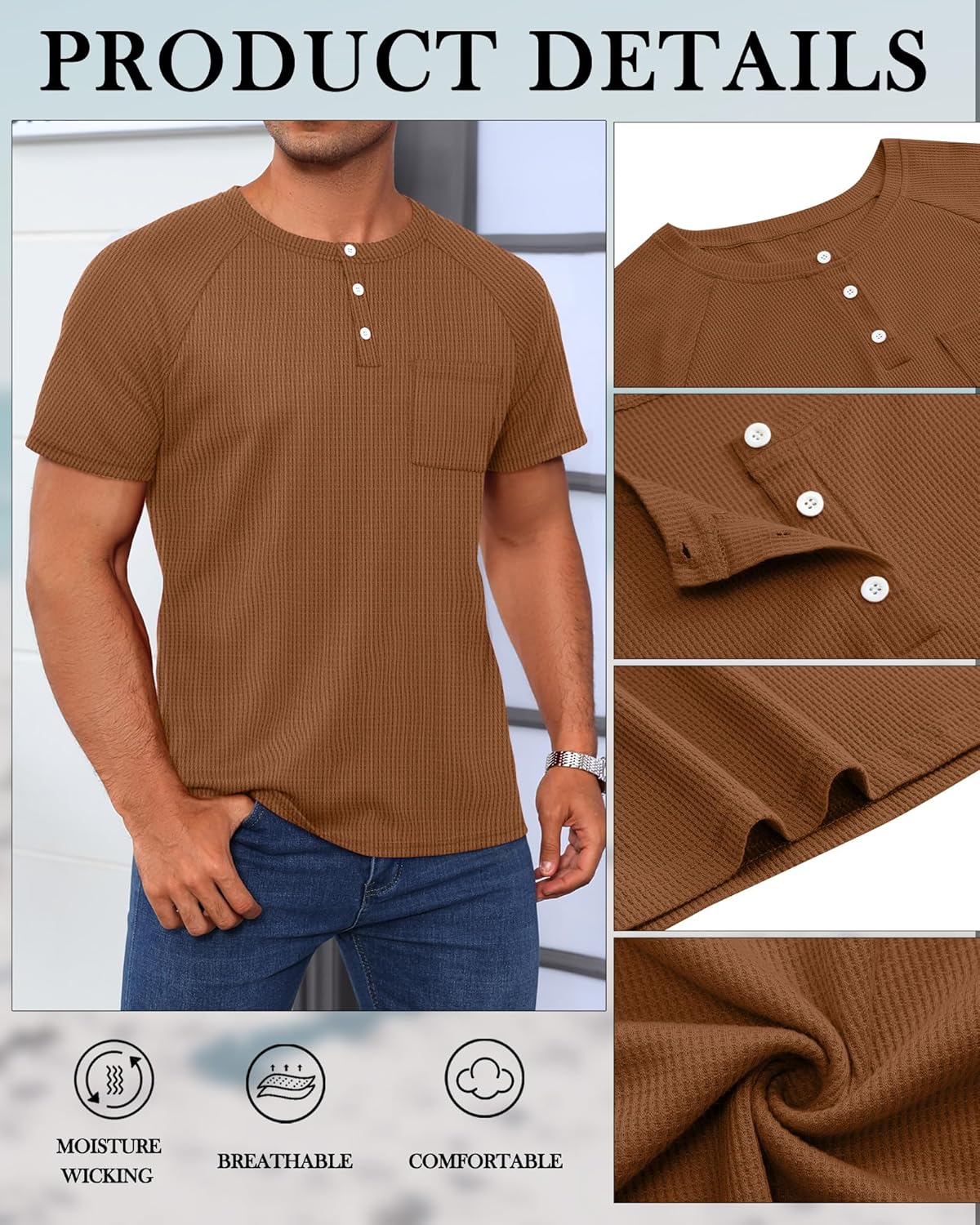 3 Pack Men's Big and Tall Waffle Henley T-Shirts, Raglan Short Sleeve Button Oversized Tops Basic Tees with Pocket - Image 7