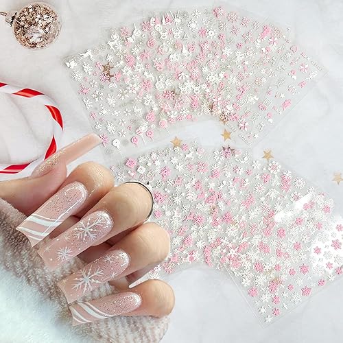 12 hojas de calcomanías de arte de uñas de Navidad 3D autoadhesivas con copos de nieve, calcomanías de uñas de invierno y Navidad, diseños de