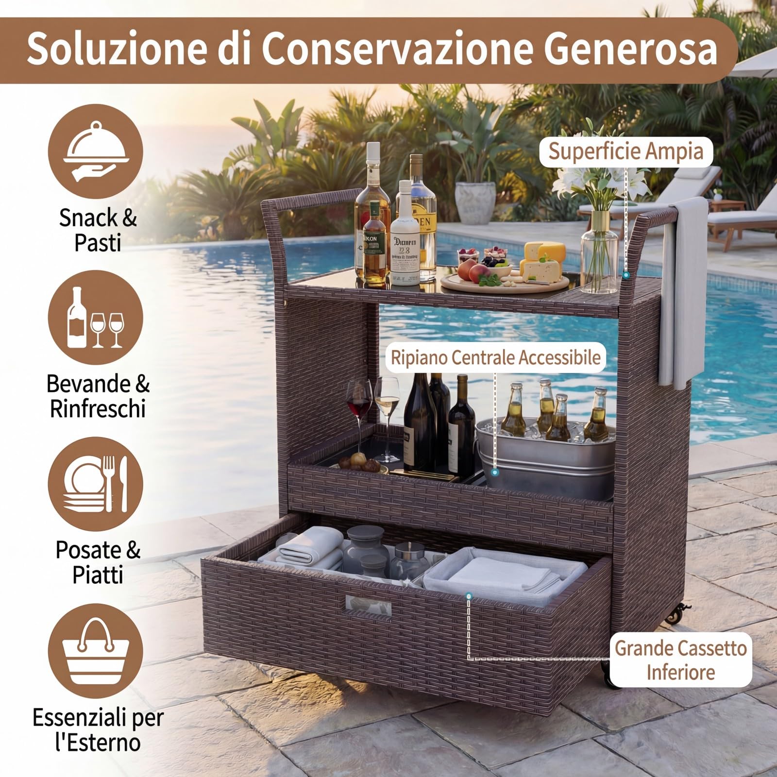 SOARS Carrello Bar in Rattan PE, Tavolo Bar da Esterno con Ruote, Ripiano Aperto, Cassetto e Piano in Vetro Temperato, Carrello di Servizio con Maniglie per Giardino, Cortile, Piscina, 85 X 47 X 92 CM
