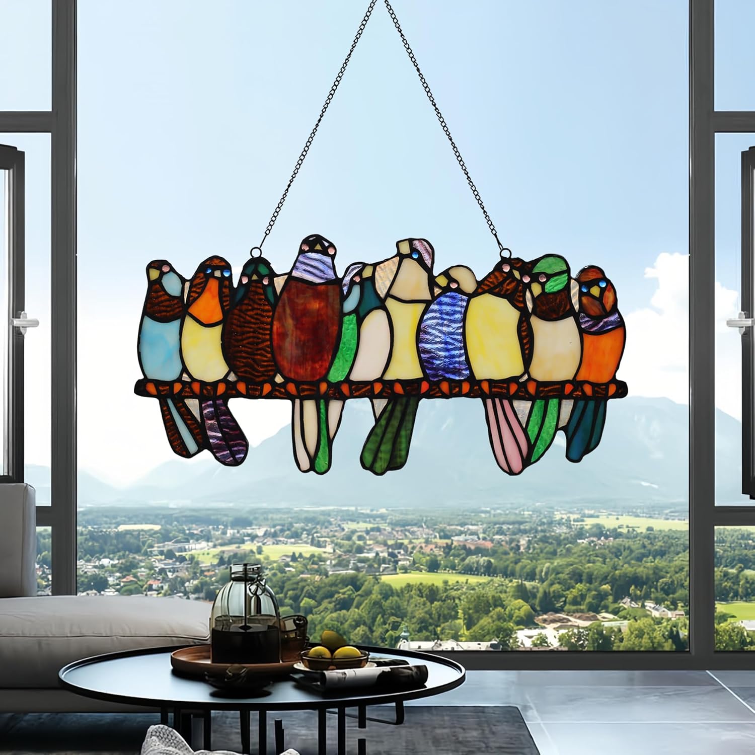 Parrot Stained Glass Window Hanging 16" x 8" Handmade Tiffany Style Rectangular Transom Window Panel Perfect for Living Room Bedroom Kitchen Decor Hangings with Chain (8 Parrots)