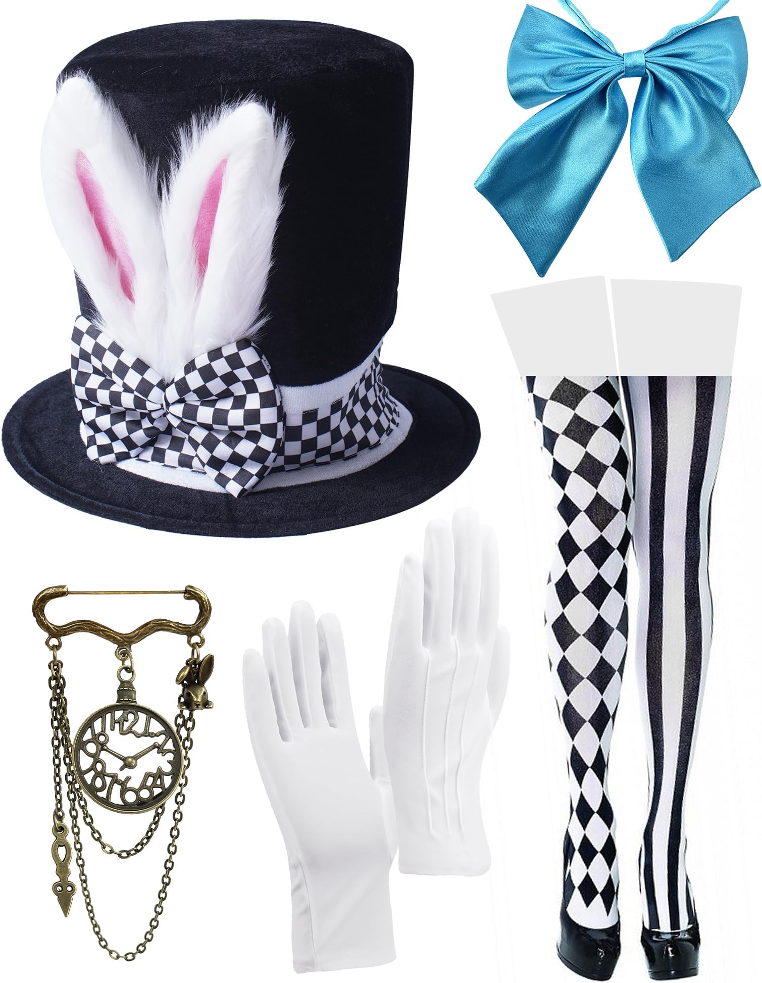 White Rabbit Costume Bunny Ears Top Hat Mad Hatter Set for Easter Halloween Dress Up Costume Accessories