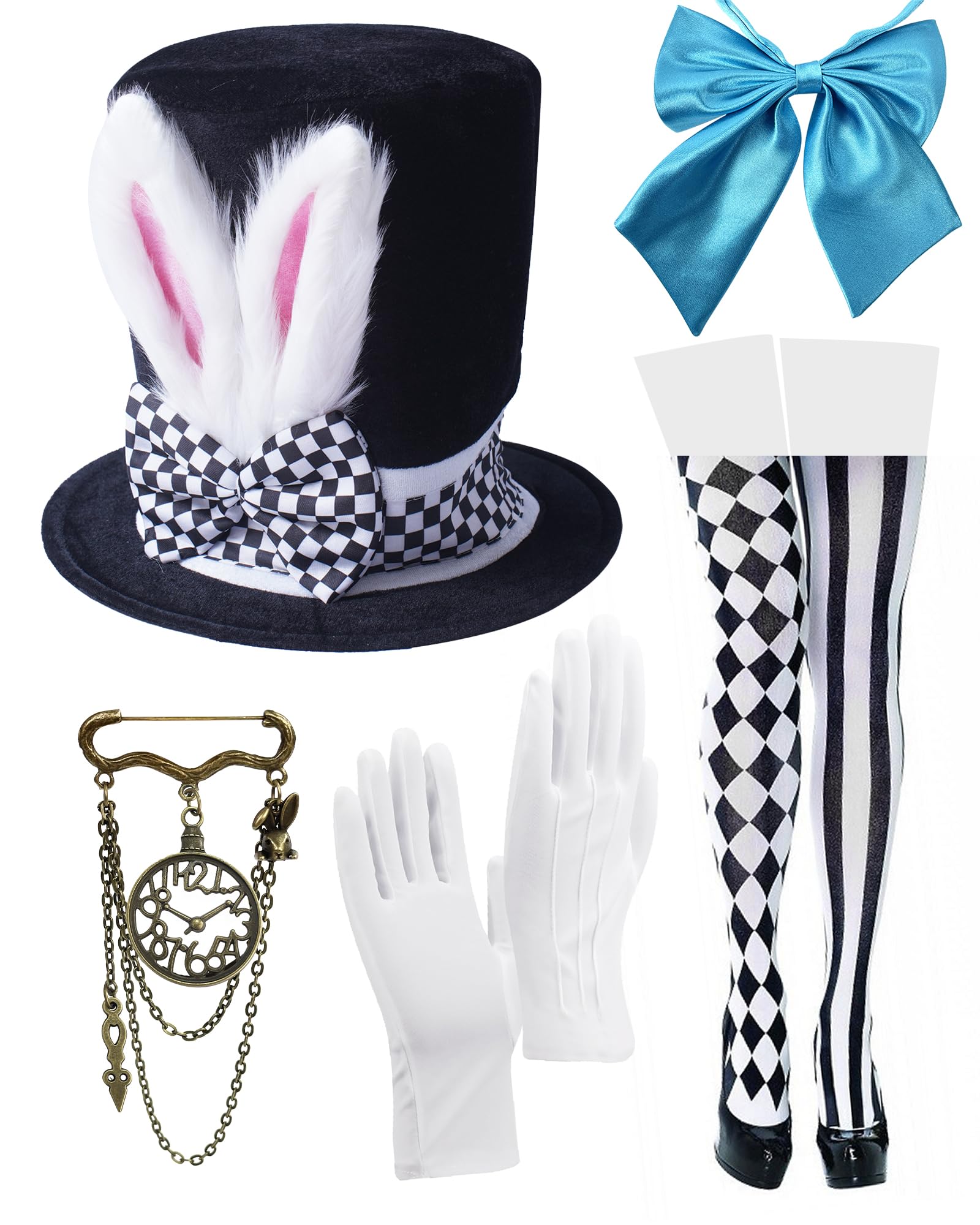 White Rabbit Costume Bunny Ears Top Hat Mad Hatter Set for Easter Halloween Dress Up Costume Accessories