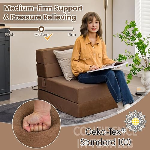 Miniatura 5 de Casart - Sofá cama de tres pliegues de espuma plegable portátil con funda lavable, diván para invitados, cojín acolchado para invitados (café)