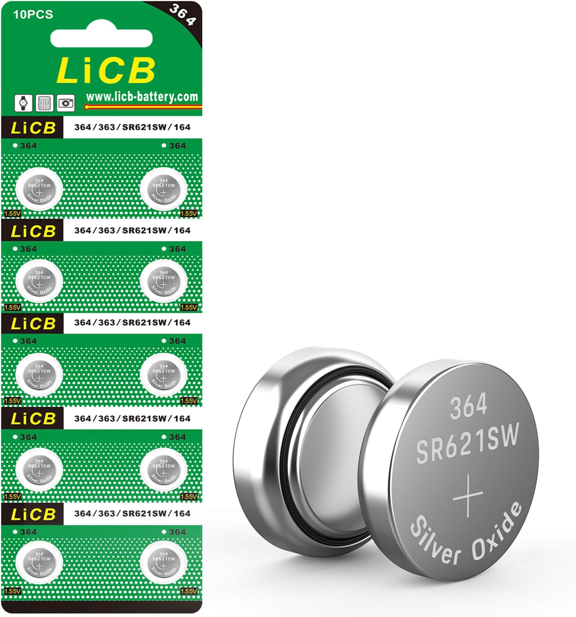 LiCB 10 Pack SR621SW 364 Watch Battery,Long-Lasting & Leak-Proof,High Capacity Silver Oxide 1.55V Button Cell Batteries for Watch