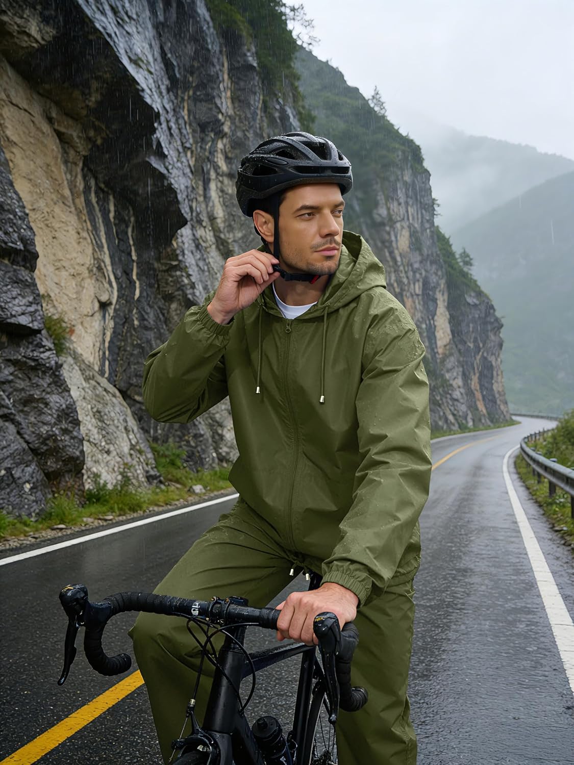 Mens Rain Suit Waterproof Rain Jacket with Rain Pants 2 Pieces Lightweight Packable Raincoat with Hood Running Cycling - Image 3