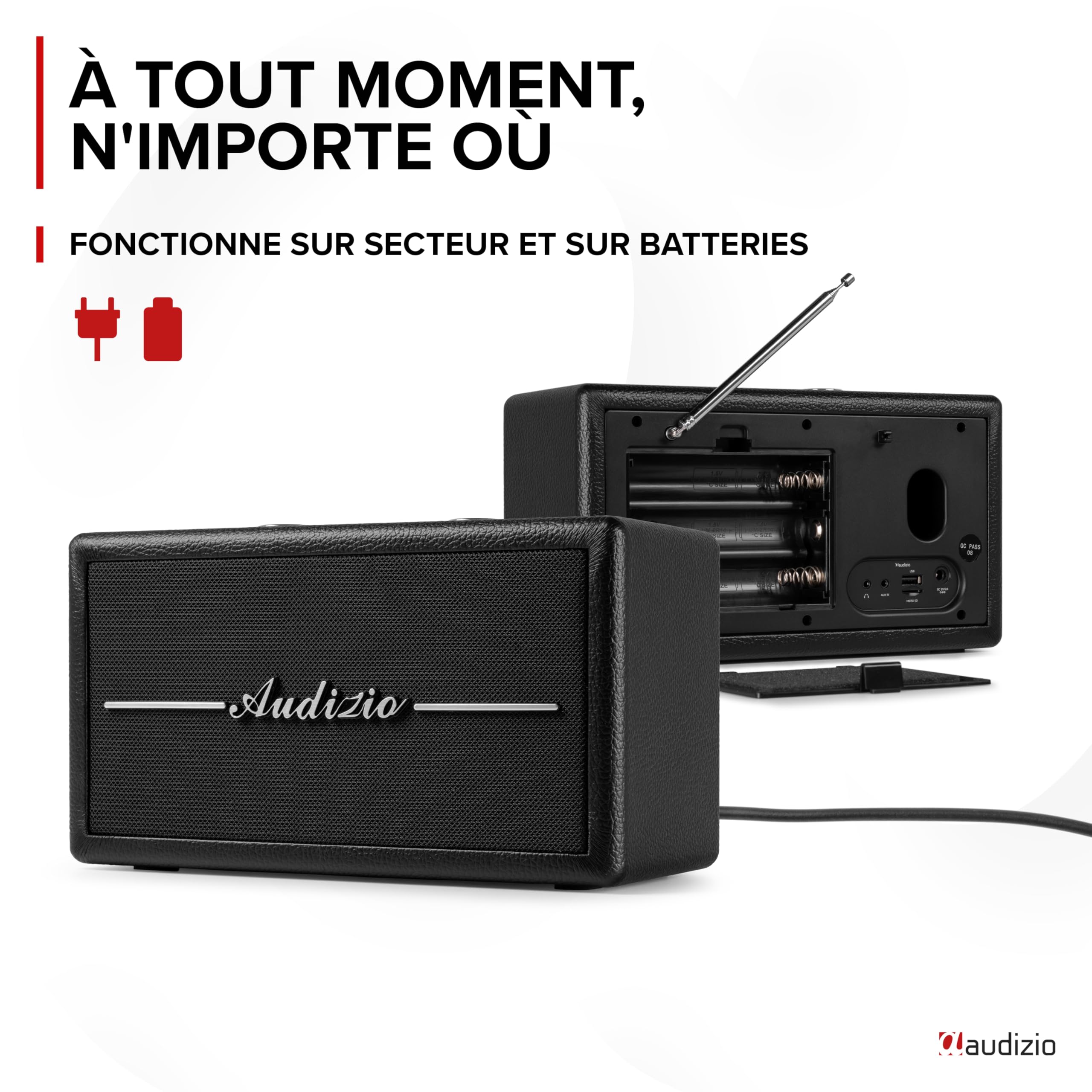 Audizio Tune60 - Radio Dab+/FM BT sans Fil Rétro Noire | Lecteur USB/SD, Alarme & Écran LCD | Radio Vintage Portable Secteur ou Piles
