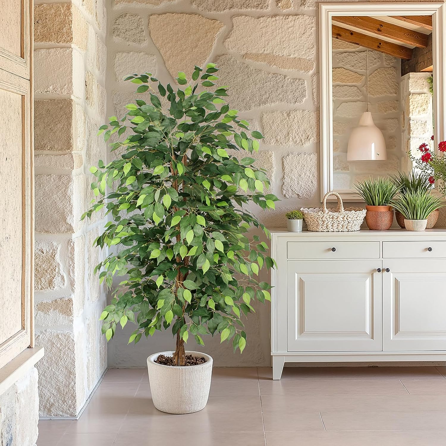 Ficus Tree Artificial 6ft, Tall Fake Tree with Realistic Leaves & Trunk, Artificial Tree for Home Office Living Room Decor Indoor Outdoor. - Image 5