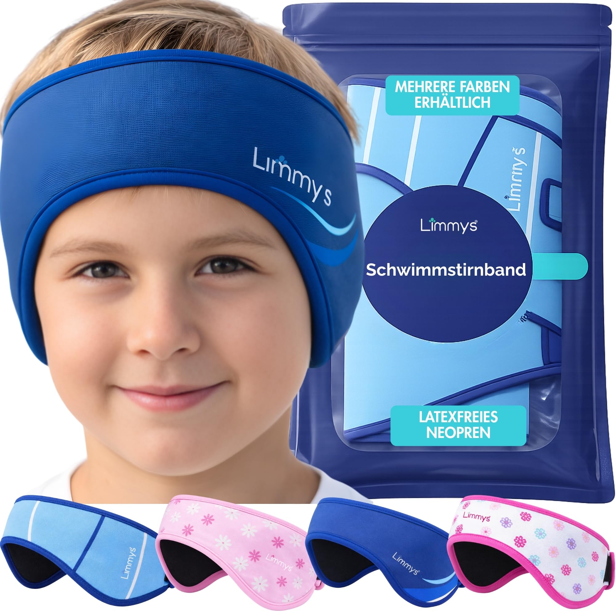 Limmys Schwimmstirnband für Kinder & Erwachsene – Ärztlich inspirierten Ohrenschutz beim Schwimmen, elastisches Neopren-Stirnband, latexfrei & kindersicher, rutschfest, hält Ohrstöpsel sicher