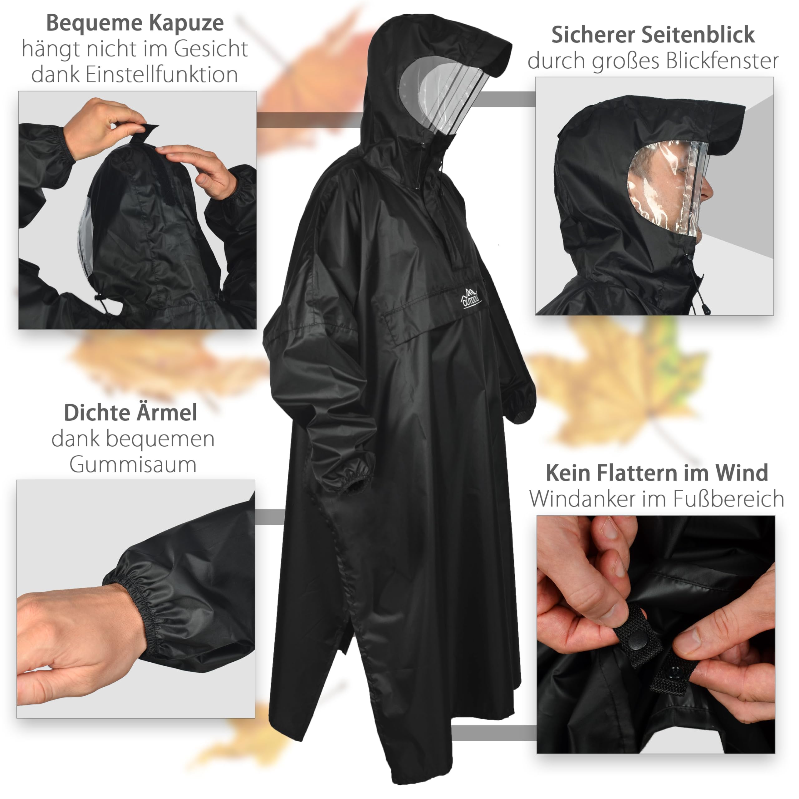 Outdoro - Poncho de lluvia de manga con ventana de navegación en el bolsillo en el pecho, cremallera y ventana - Poncho para hombre y mujer adulta, negro, G-XL
