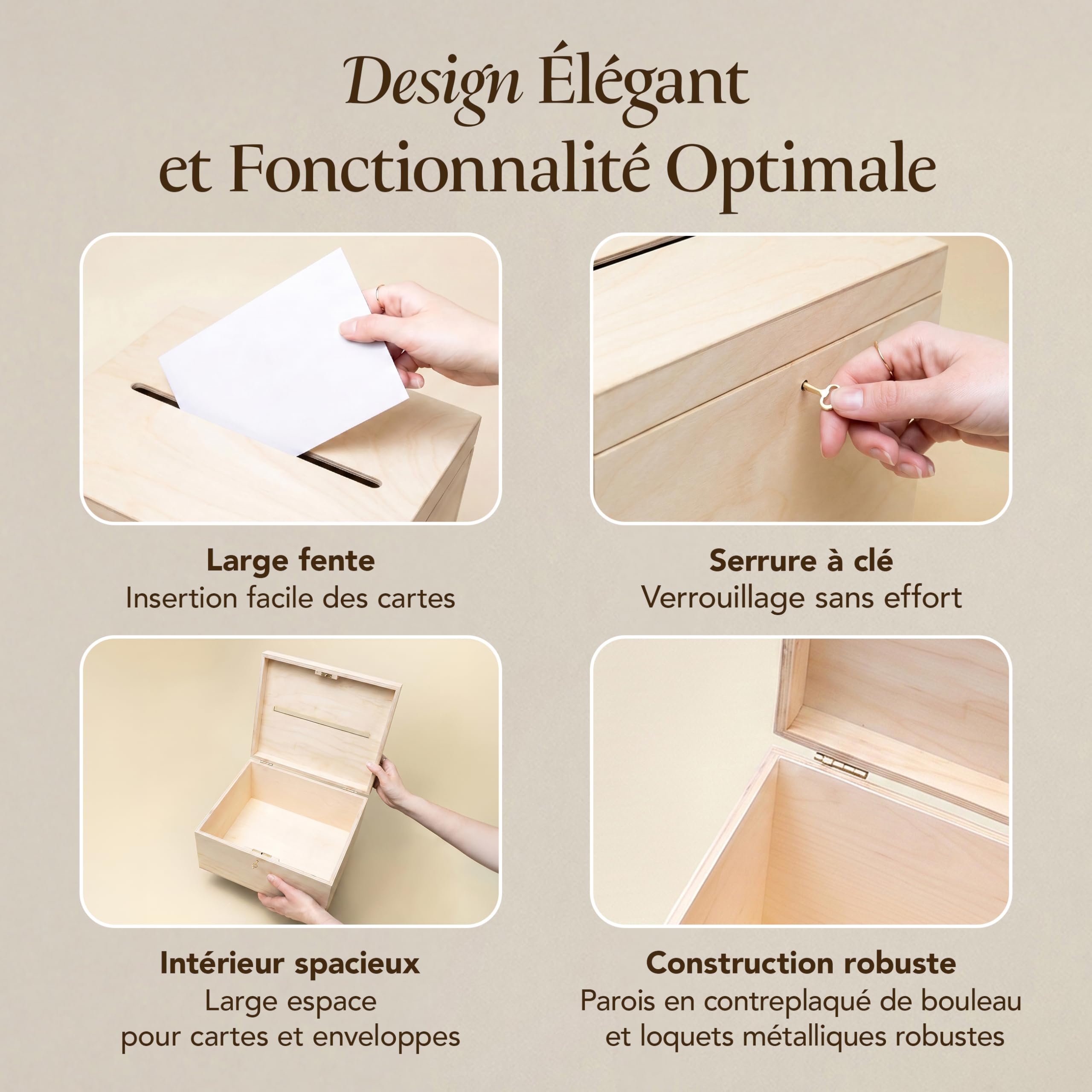 Creative Deco Boite en Bois pour Enveloppes | 29 x 25 x 15 cm | Bois Naturel | avec Couvercle et Clé | Boîte pour Occasions Spéciales | Urne Anniversaire | Mariage | Boite a Souvenirs, Cartes Lettre