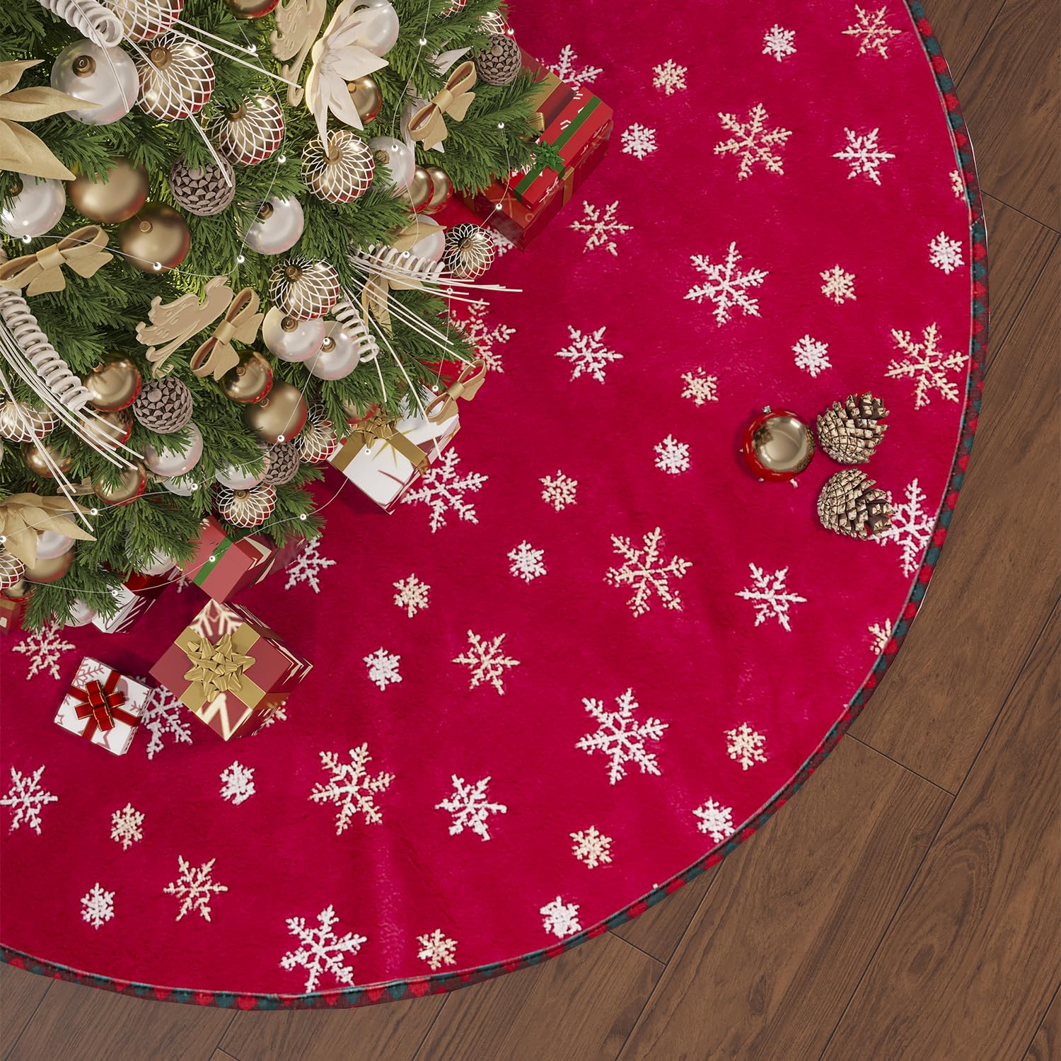 Perseverance Trade Christmas Tree Skirt 48 Inches Christmas Red Plush Tree Skirt with Gold and Silver Sequin Embroidered Snowflakes for Christmas Tree Winter Holiday Party Decor