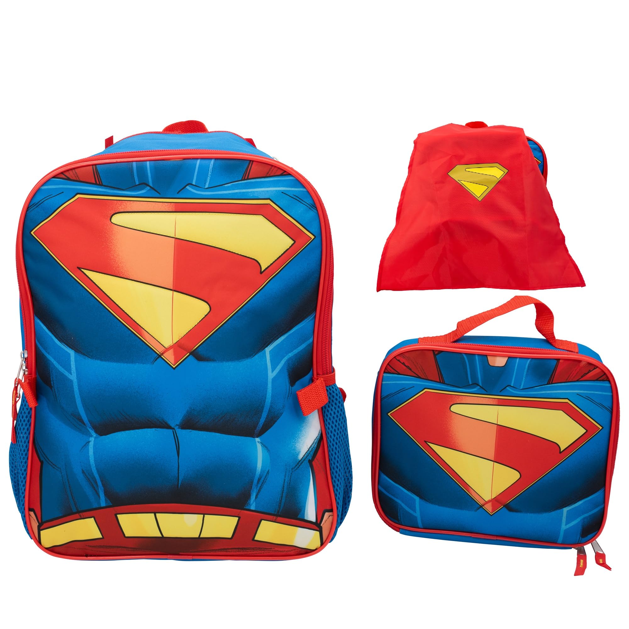 AI ACCESSORY INNOVATIONS Superman 2 Piece Backpack Set, Boys 16" Superhero School Bag with Detachable Cape, Lunch Box
